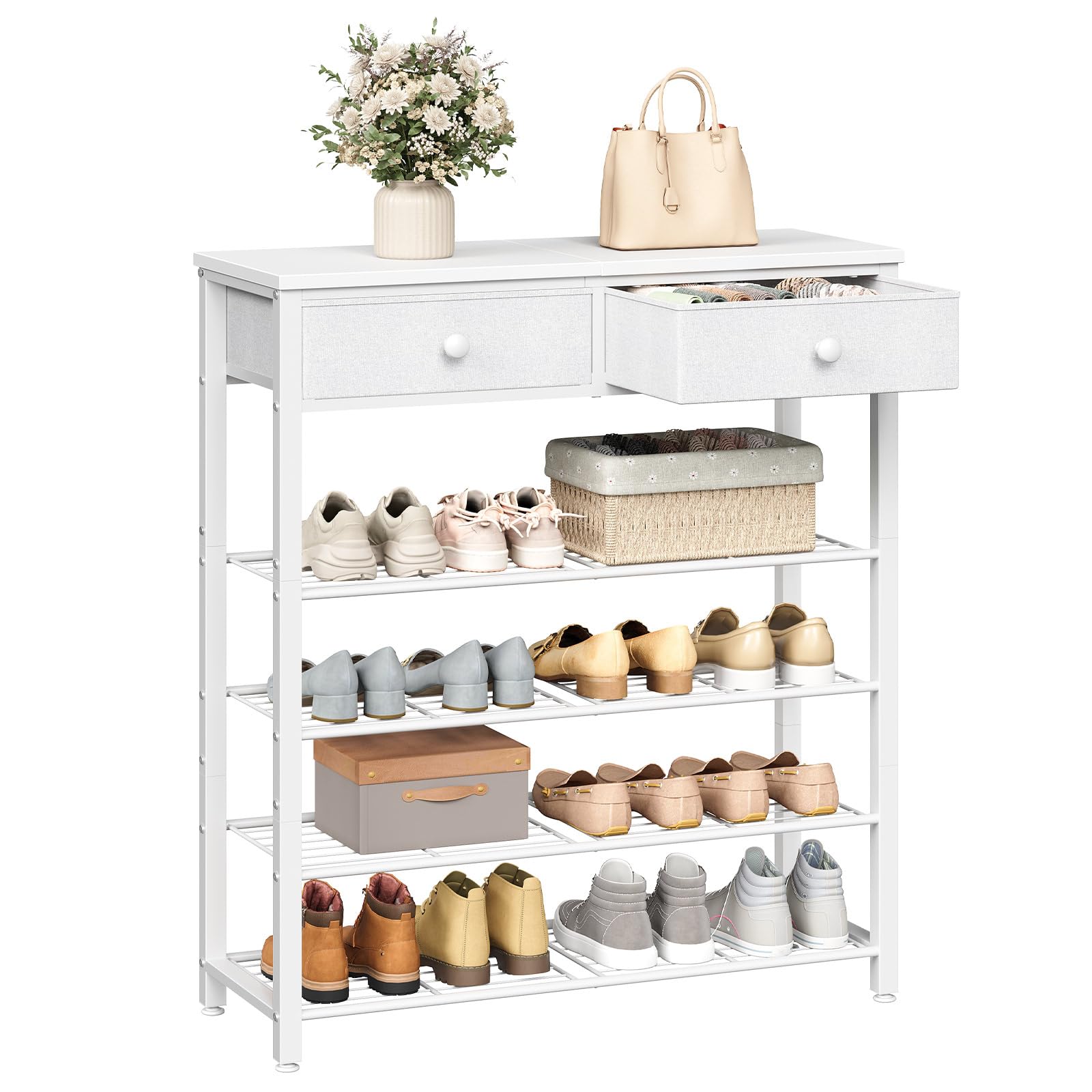 HOOBRO Zapatero con 2 Cajones y 4 Estantes de Rejilla, Mesa de Consola Estrecha para Recibidor, Estantería de 75 x 28 x 93 cm para Entrada, Sala de Estar, Balcón, Blanco EWW178XJ01