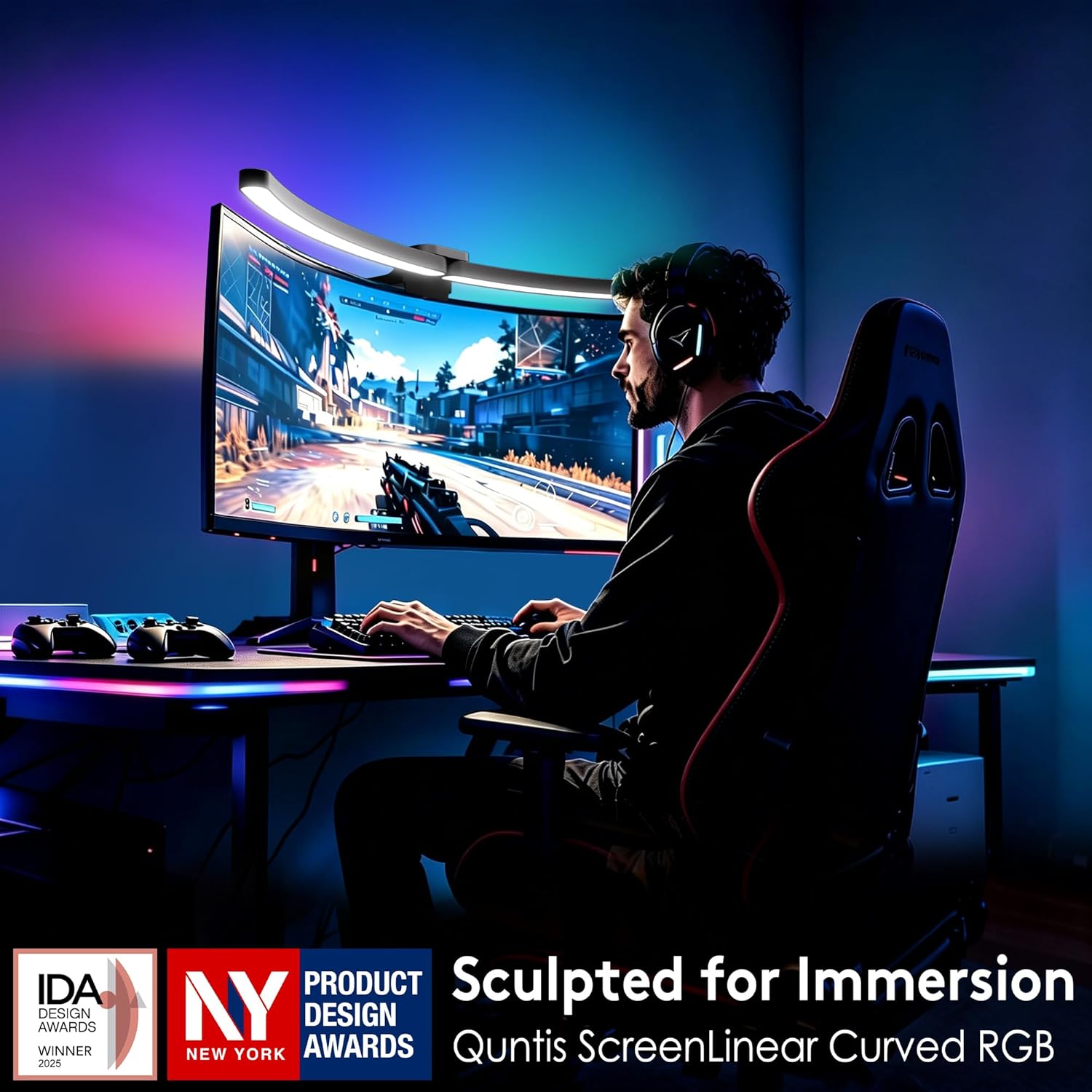 quntis curved monitor light bar 15 rgb backlight for 34"+ screens, computer bar lights fold dual light with color temperature brightness stepless dimming, no glare desk lamp for home office gaming