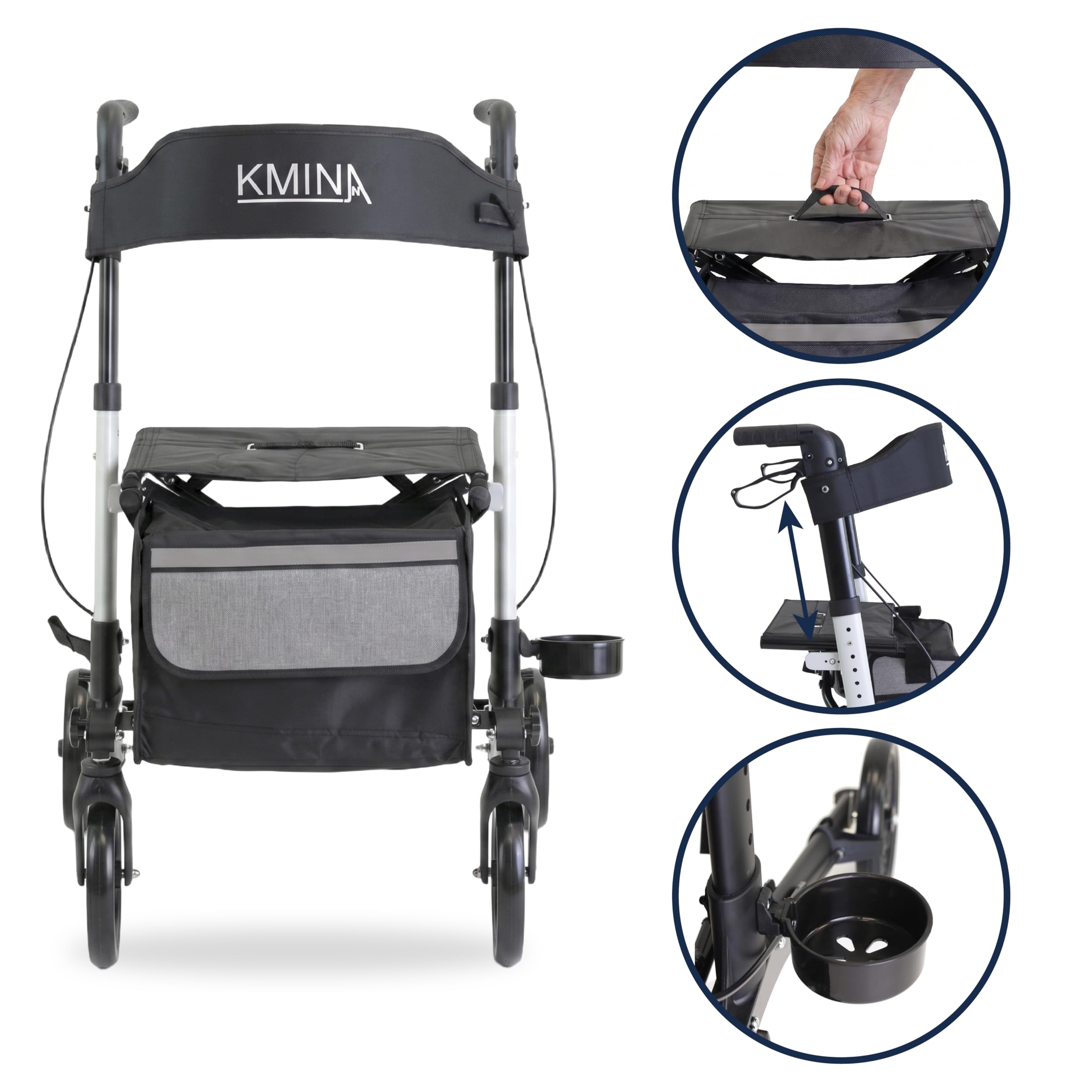KMINA Deambulatore Pieghevole con Sedile per Adulti, Pieghevole Verticale, Altezza Regolabile, Freno a Levetta, Borsa e Porta Bastone, Bianco
