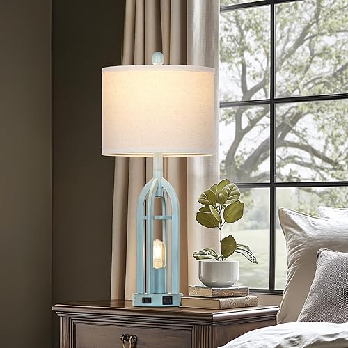 Miniatura 5 de Lámpara de mesa industrial de granja de 27 pulgadas, lámpara lateral azul rústico vintage con puertos de carga USB A+C y salida de CA, lámpara de