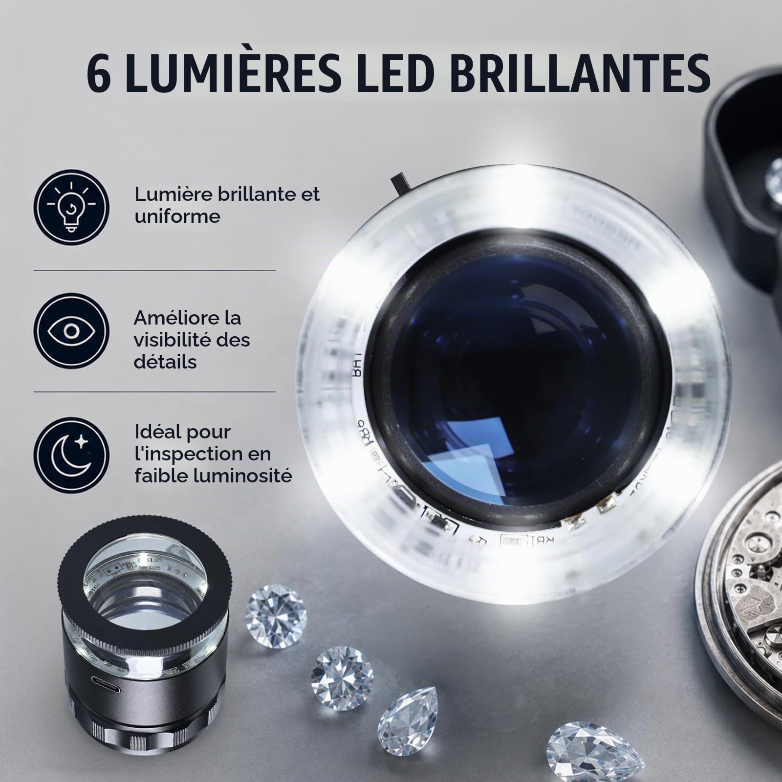 Loupe de bijoutier 10x avec échelle Rechargeable lumières LED lentille 25mm