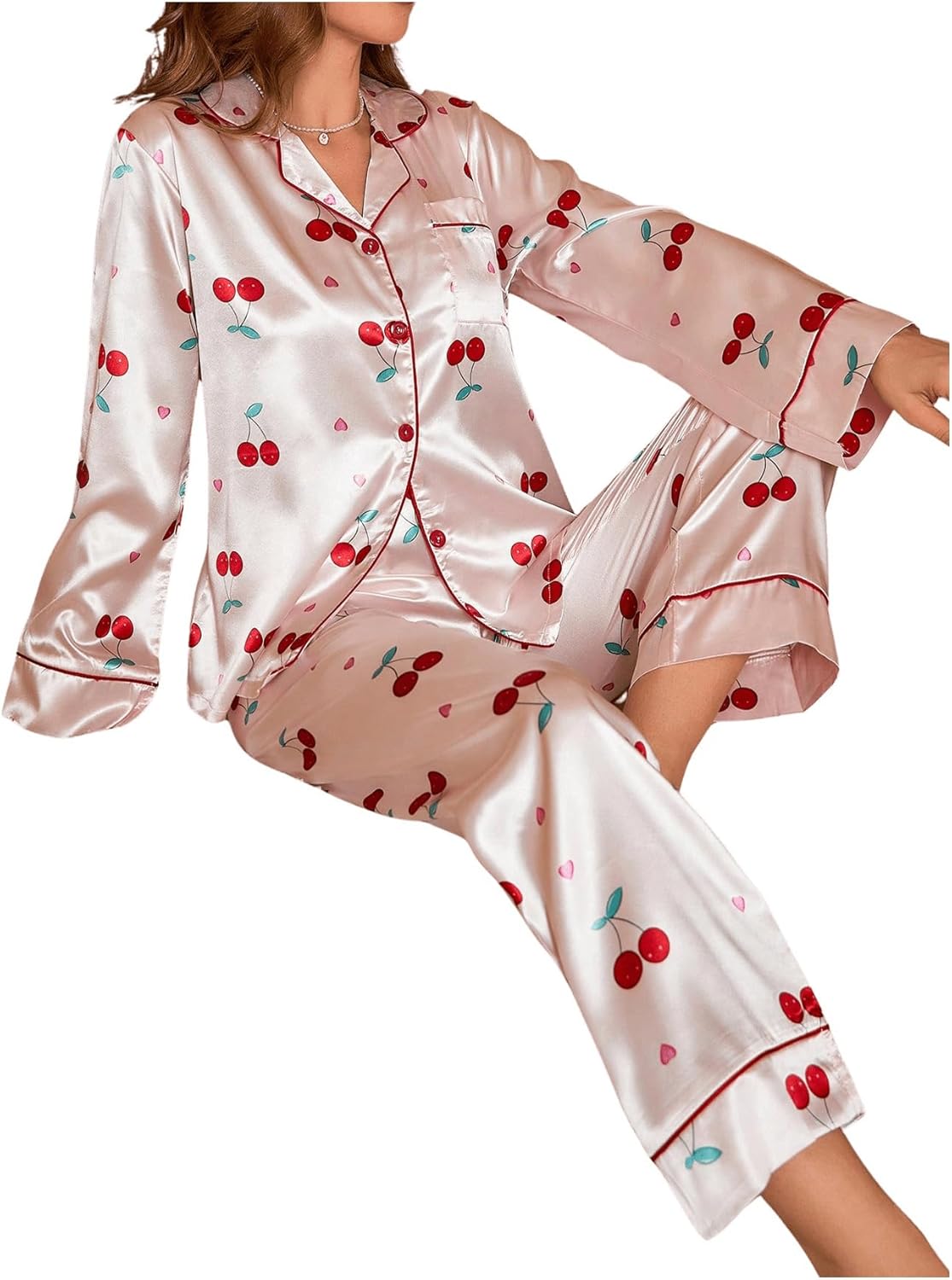 WDIRARA Women's 2 Piece Satin Sleepwear Cherry Print Long Sleeve Sleep Shirt and Pants Pajama Set - Image 3