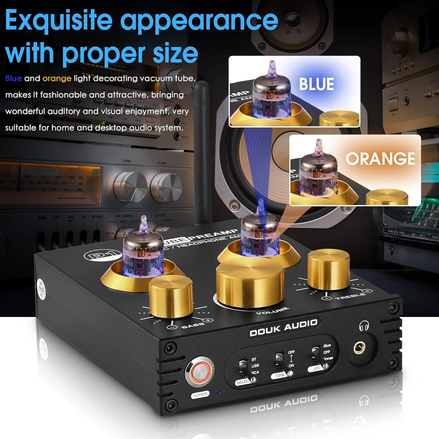 Douk Audio Bluetooth-Röhrenvorverstärker: HiFi-Stereo-Vorverstärker-Receiver | Kopfhörerverstärker | USB-DAC | Klangregelung für Heimkino und Desktop-Hören (P1)