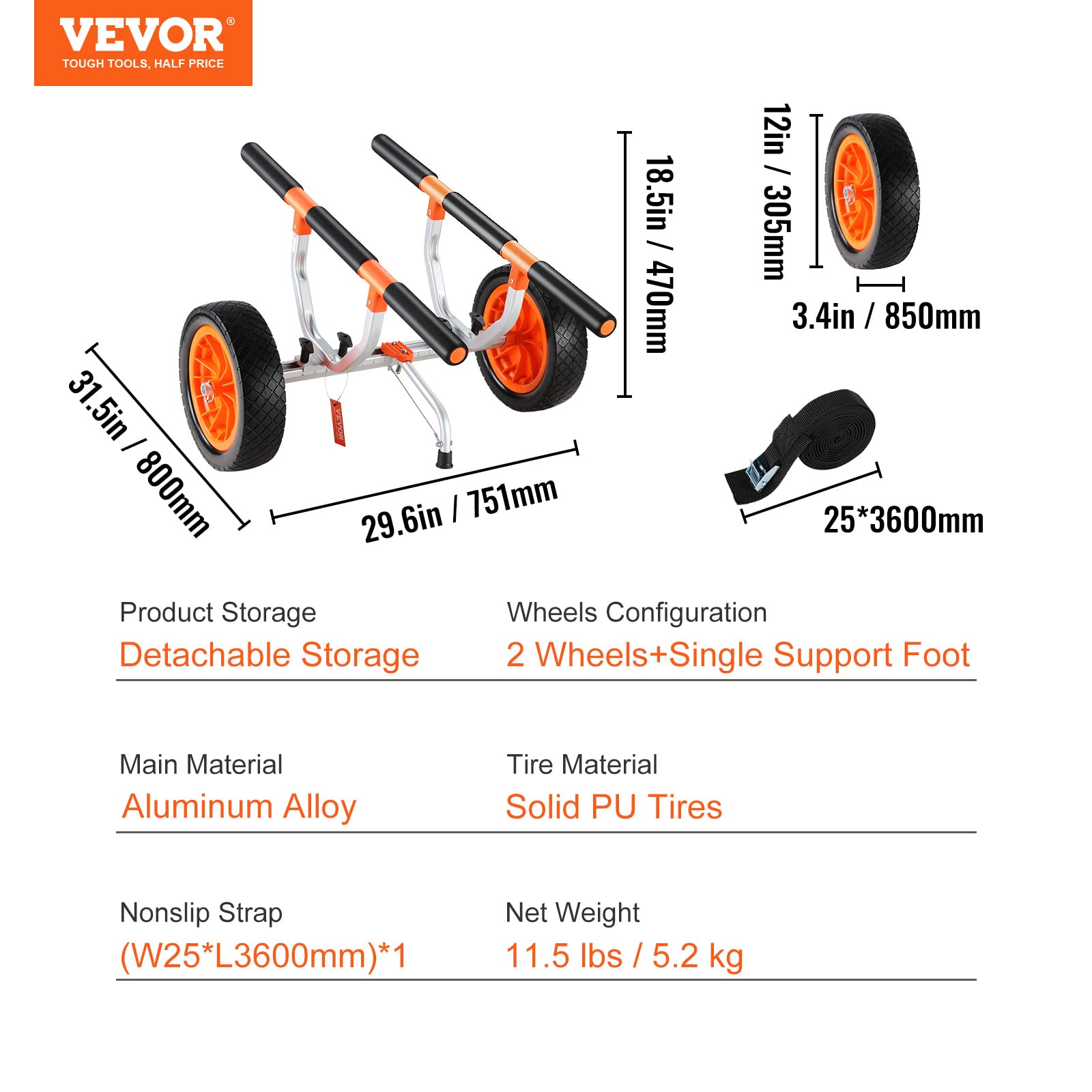 VEVOR Chariot de Kayak Chariot Transport Canoë Détachable avec Roues PleinesAjustable Pied de Support Antidérapant pour Kayaks Canoës Planches à Pagaie Tapis Flottants Bateaux