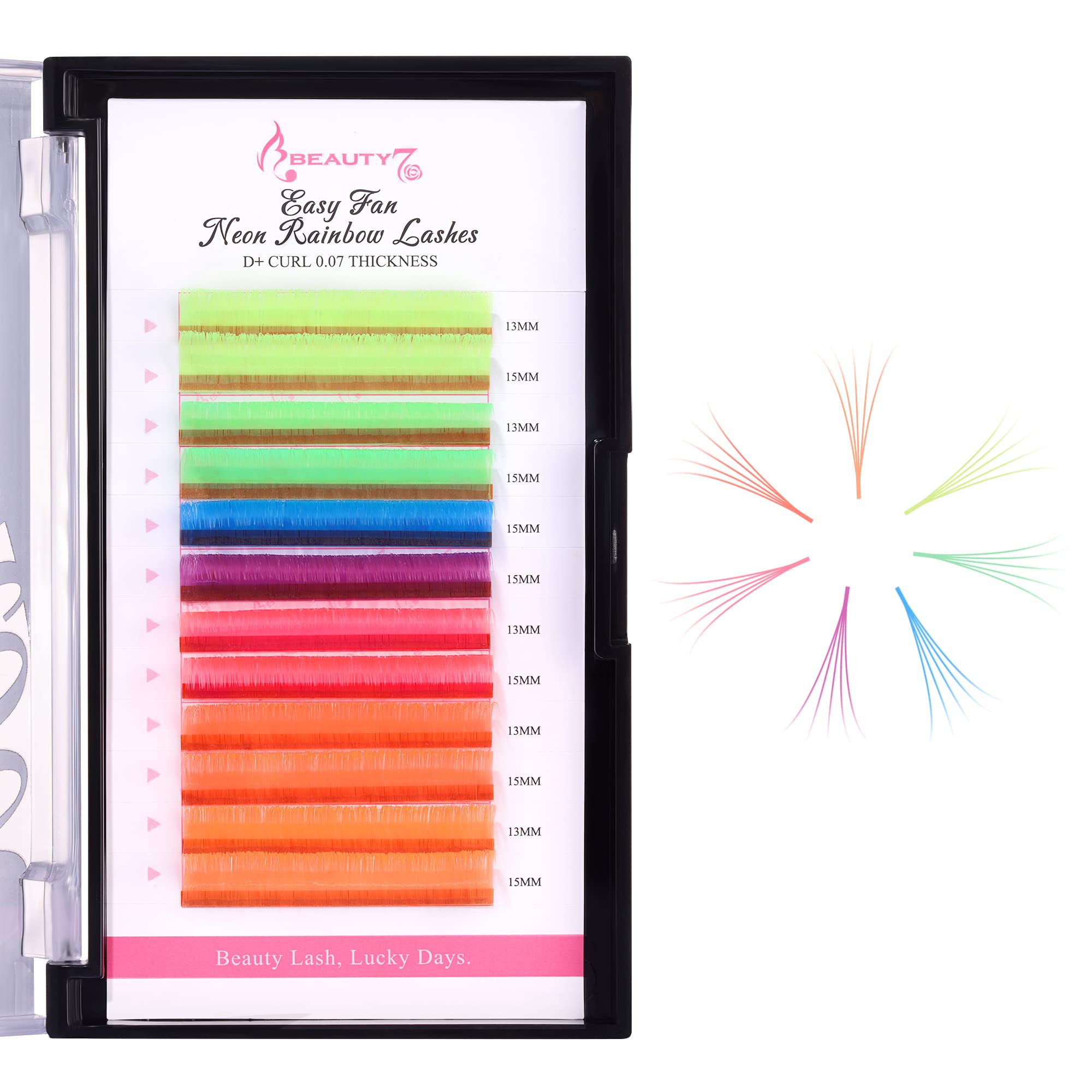 Beauty7Colored Lash Extensions Easy Fan Neon Rainbow Lashes 7 Colors Classic Lashes Volumn Lashes Ombre Lash Extensions Self Fanning D+ Curl 0.07mm 13mm 15mm Dramatic Eyelashes