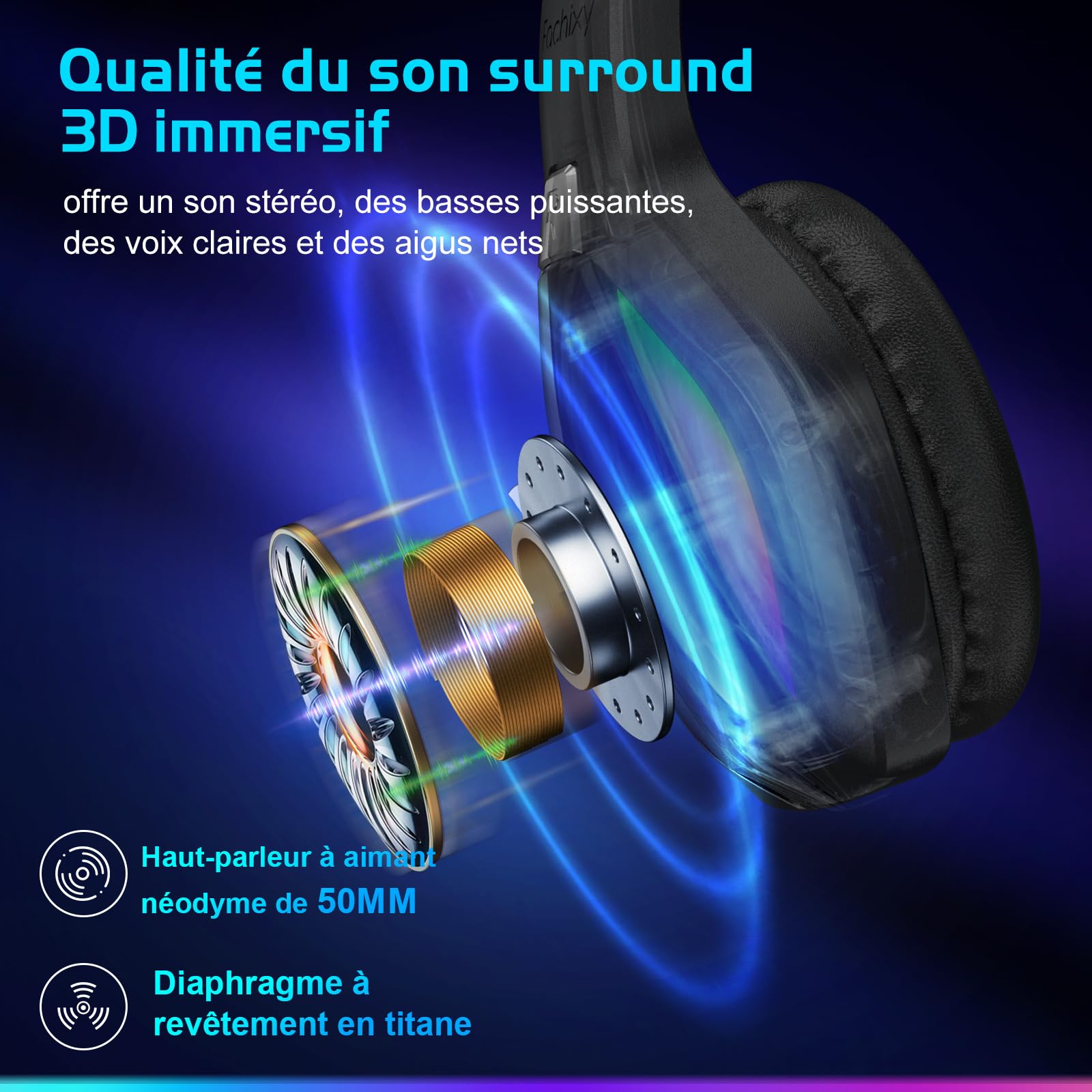 Fachixy FC100「2025 Nouvelle」Casque de Jeu sans Fil pour PS4, PS5, PC - 2,4 GHz et Casque Bluetooth avec Microphone - Son stéréo 3D et autonomie de 50 Heures - pour Switch, Smartphones, Noir