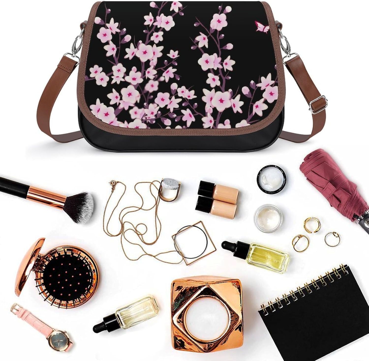 Floral Cherry Blossoms Black PinkWomen's Faux Leather Crossbody Bag, Waterproof Wrinkle-Resistant Shoulder Bag with Detachable Strap, Large Capacity Casual Handbag, Fashion Daily Purse for Shopping Wo
