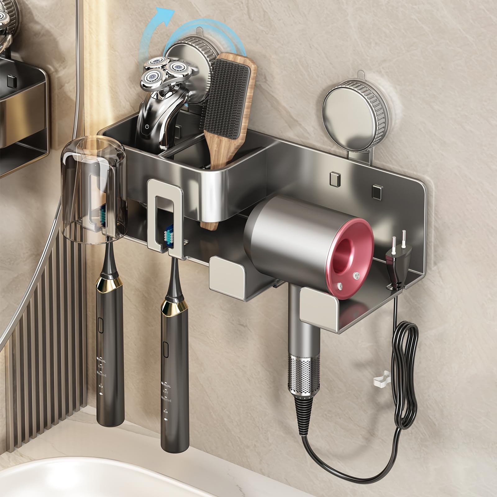 hair dryer holder wall mounted, suction cup without punching, glue free, hair tool storage box,hair tool organizer,for bathroom walls 2-person/haute couture