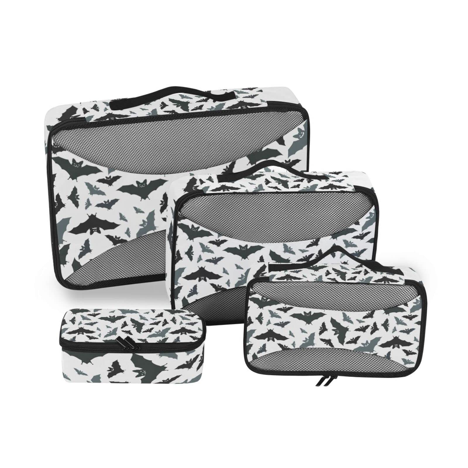 Seamless Black Grey Bats on White 4 Set Packing Cubes, Travel Packing Organizers, 600D Oxford Cloth Toiletry Storage Bag, Luggage Mesh Bags for Accessories