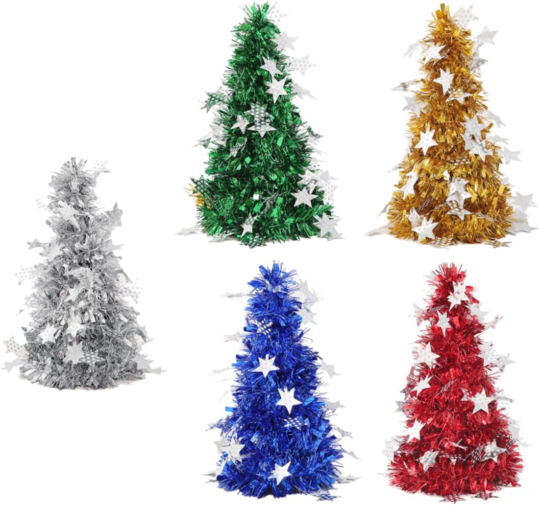 VALICLUD 5Pcs Christmas Tree Decoration Shiny DIY Tabletop Christmas Trees with Star Pendants Golden Silver Red Blue Green for Holiday
