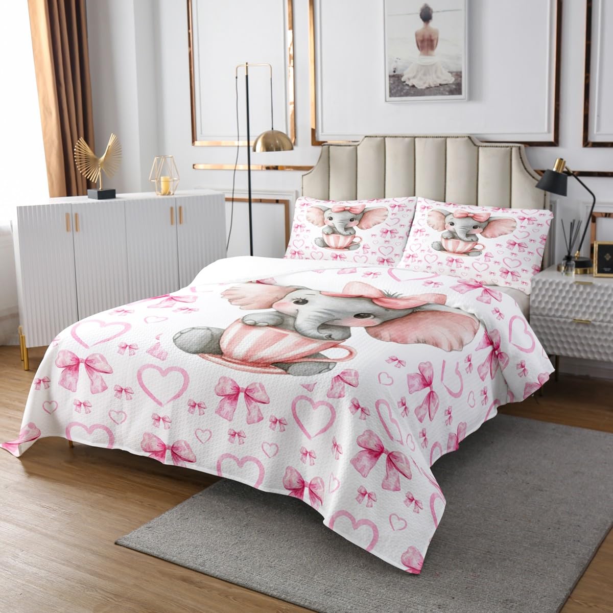 Homewish Set copripiumino per letto singolo per bambini, motivo elefante rosa, con fiocco e nodo, stile cartone animato, copriletto trapuntato per bambini, ragazzi, donne, con fiocco, decorazione per