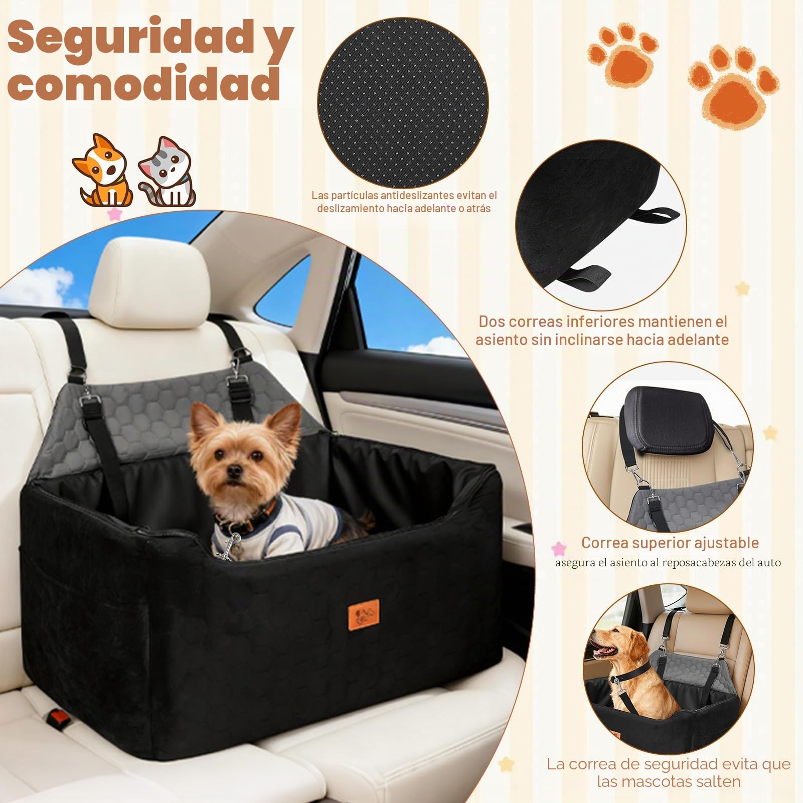 Asiento Perro Coche, Extra Estable Cama Perro Coche con Espuma Viscoelástica, Funda Lavable y Cinturón de Seguridad, Asiento Coche Perros Medianos y Grandes de hasta 55 kg, 78x55x53 cm