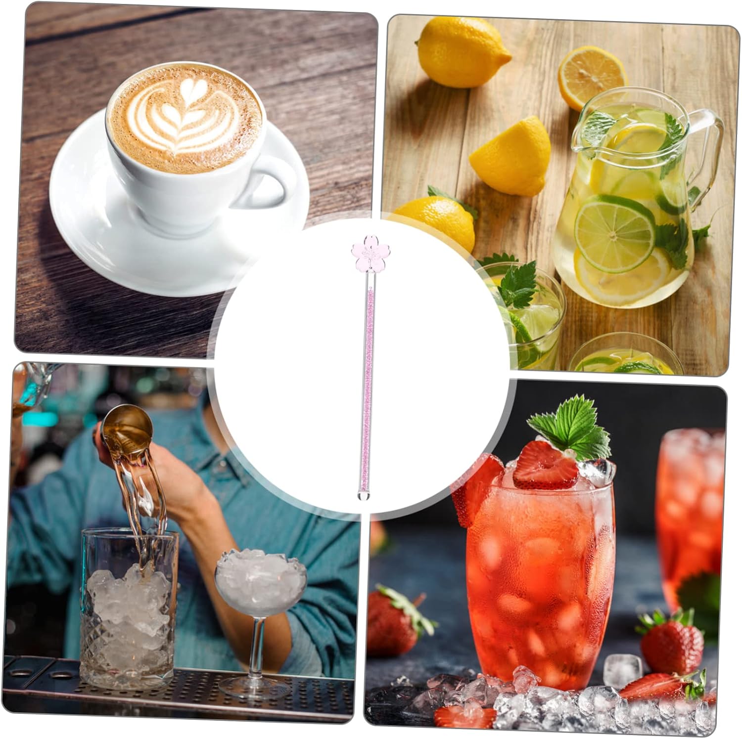Pink Flower Glass Swizzle Stick for Juice and Iced Tea Mixing