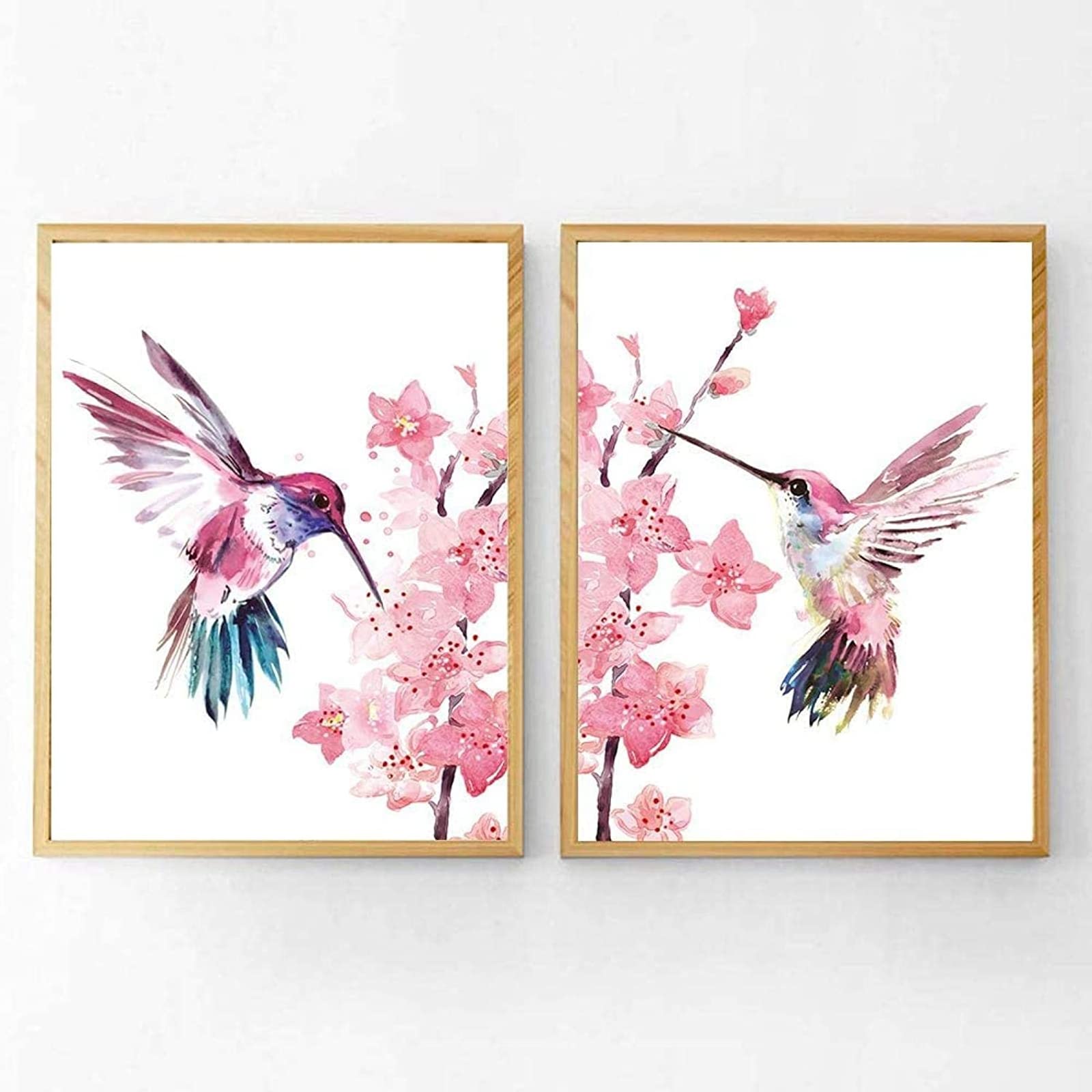 GLWDMB Hummingbird Canvas Painting Cherry Blossoms Poster Wall Decor Picture Art, Canvas Print Living Room Bedroom Home Nursery Wall Decor Aesthetic Art - Unframed, 2 Pieces