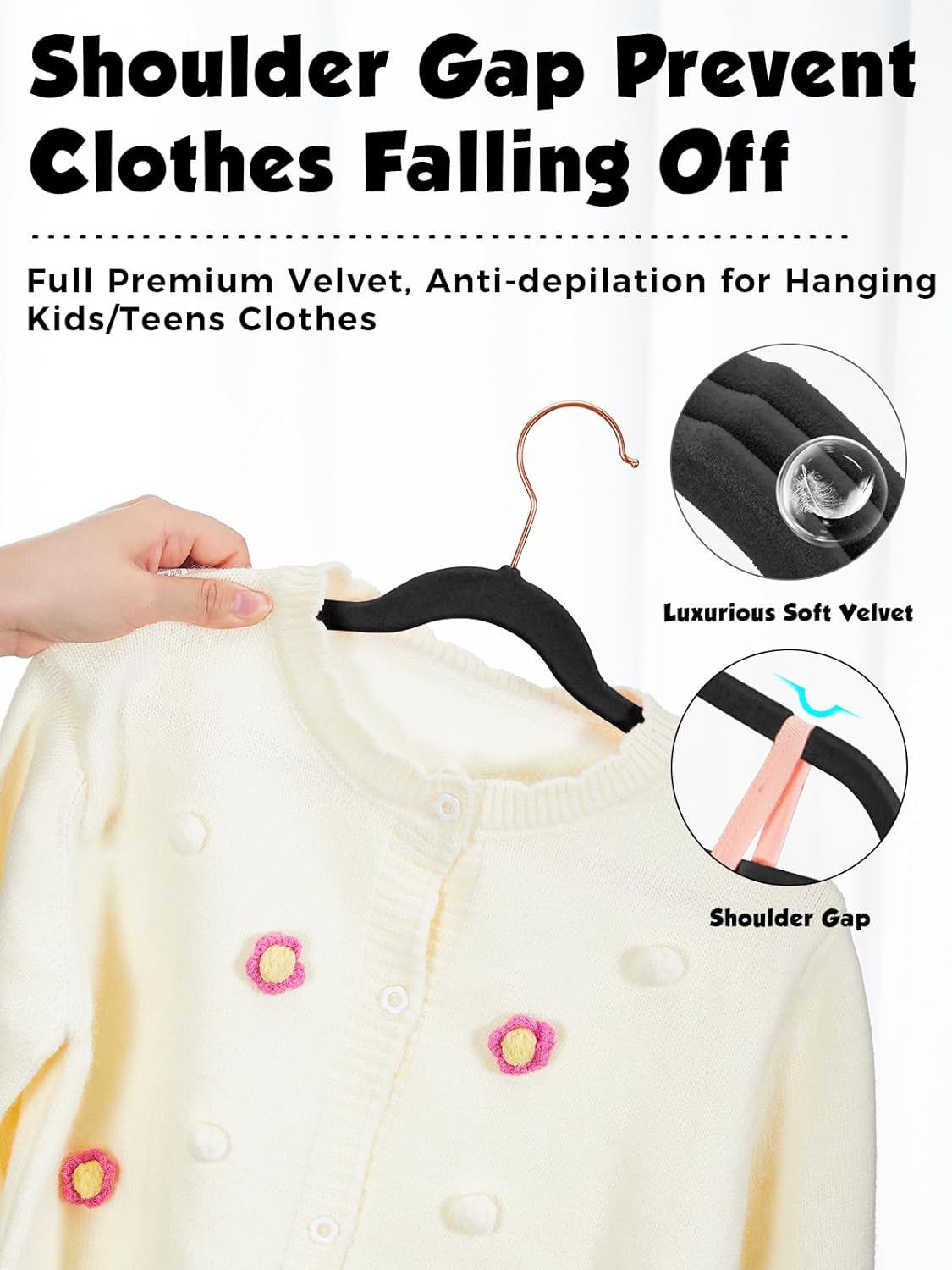 Smartor Kids Velvet Hangers 50 Pack, 14 Inch Premium Non Slip Kids Felt Hangers for Closet, Space Saving Toddler Clothes Hanger for Youth's Childrens' Clothes (Rose Gold Hook)- Black