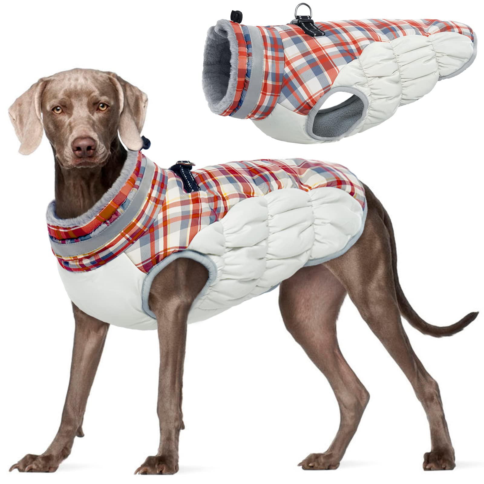 FUAMEY Cappotto invernale per cani con giacca e imbracatura integrati, cappotto per il freddo, con imbottitura e vestiti riflettenti, a quadri rossi da S a XXL