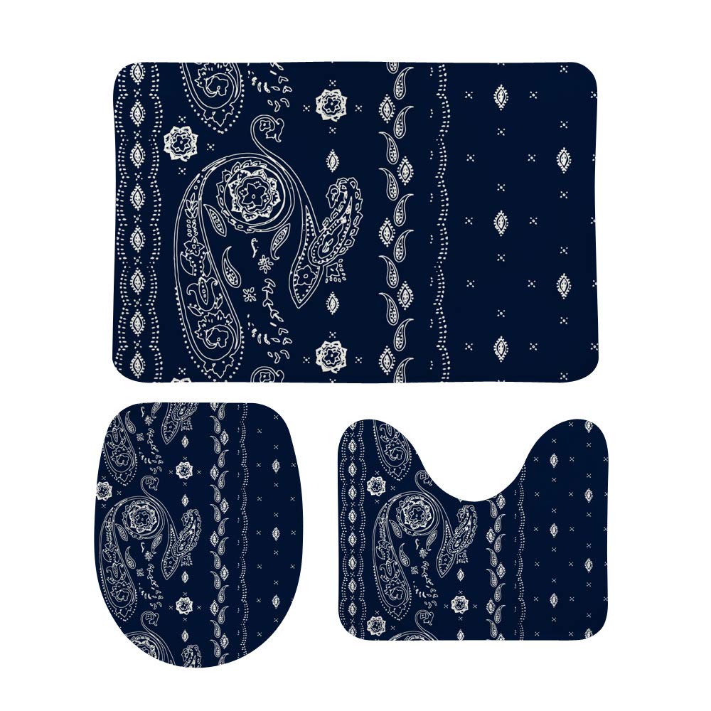 Tapis de bain en U bleu foncé motif cachemire pour sortie de douche et toilette lot de 3