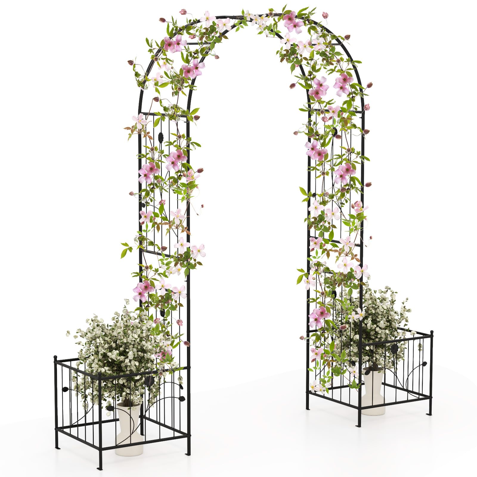 TANGZON Garden Arbor with Planters, Outdoor Garden Arbor Pergola with Arch/Flat Top, Heavy-Duty Trellis Archway for Climbing Plants Grape Vines Wedding Ceremony (202 x 50 x 217 cm)