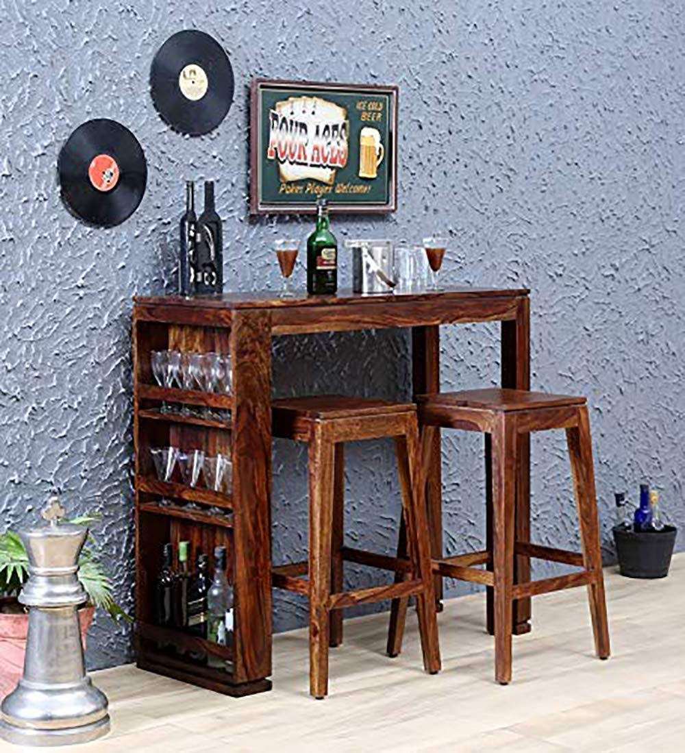 OGNIJA Solid Wood Bar Set with Table and 2 Stools (Sheesham Wood