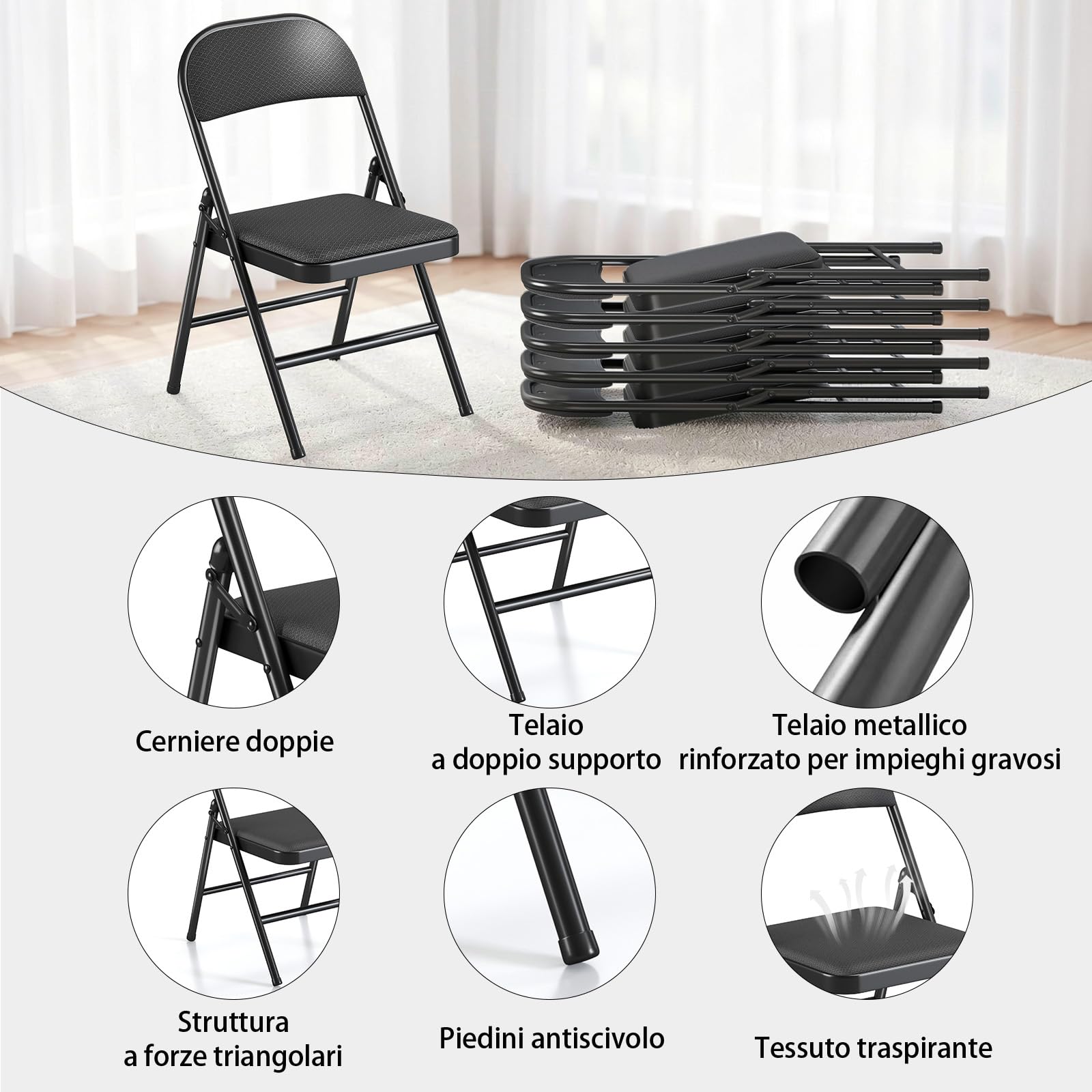 Sedie Pieghevoli set da 6, Sedia Pieghevole in Tessuto con Telaio in Acciaio Rinforzato, Sedia Pieghevole Comoda per Cucina, Sala da Pranzo, Campeggio, Balcone e Giardino, Sedie Impilabili Nero