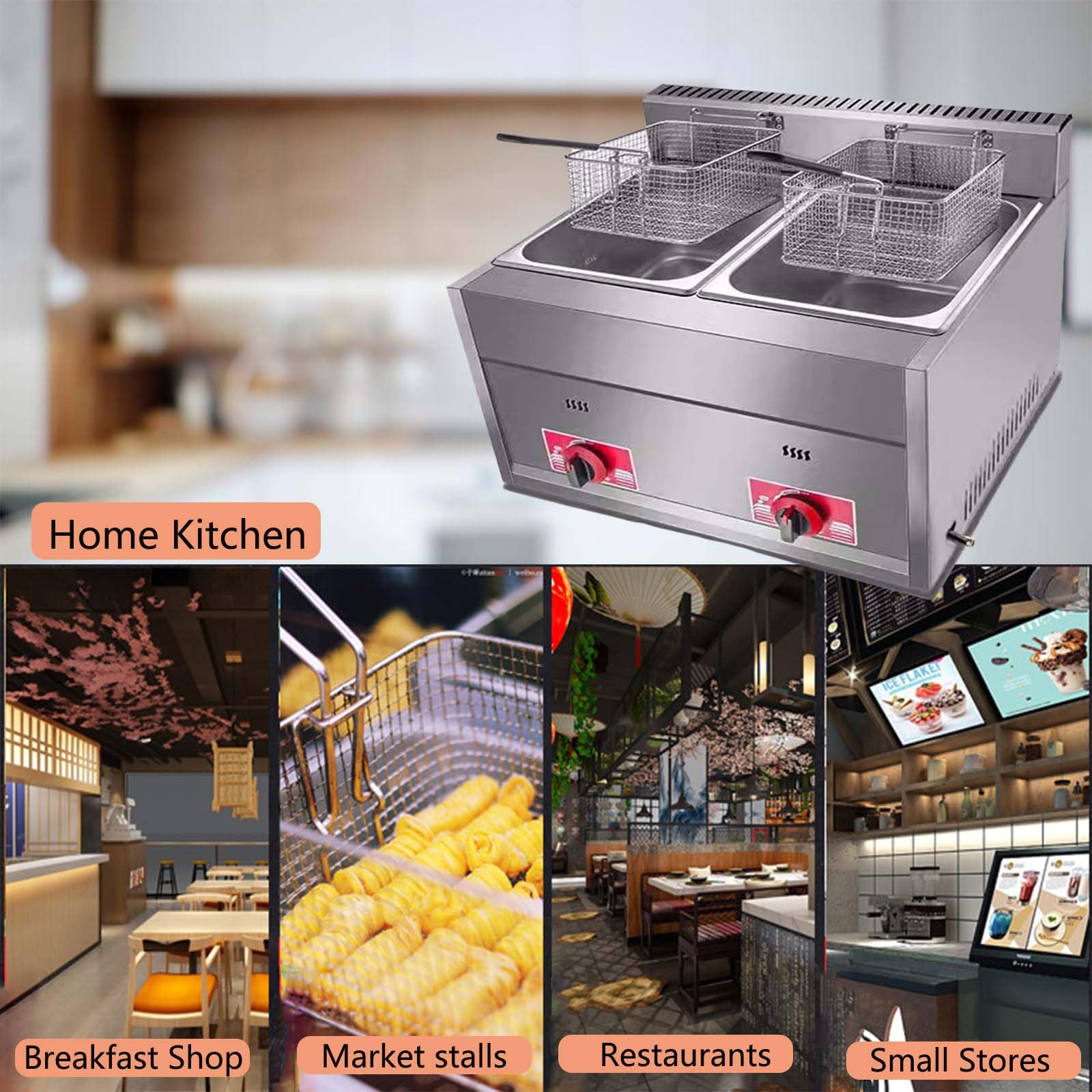 DoubleZone - Friggitrice a gas in acciaio inox da 12 l, con potenza di fuoco regolabile e cestelli fritti per patatine fritte perfettamente croccanti e patatine fritte da fast food