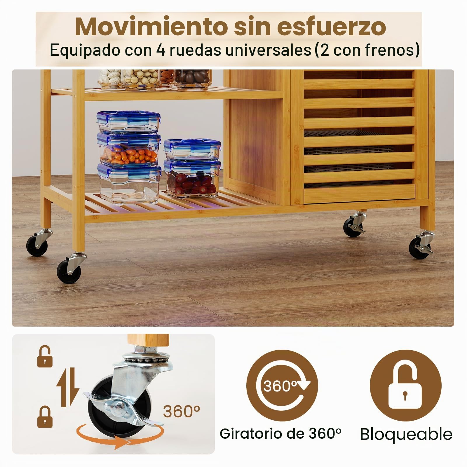 KOMFOTTEU Carrito de Cocina de Bambú, Carrito Auxiliar con Cajón, 3 Estantes Abiertos, Armario con Puerta, Toallero, Isla de Cocina con Ruedas Bloqueables, para Comedor, Bar, Natural | Isla de cocina natural con 3 estantes abiertos, armario de puerta y to