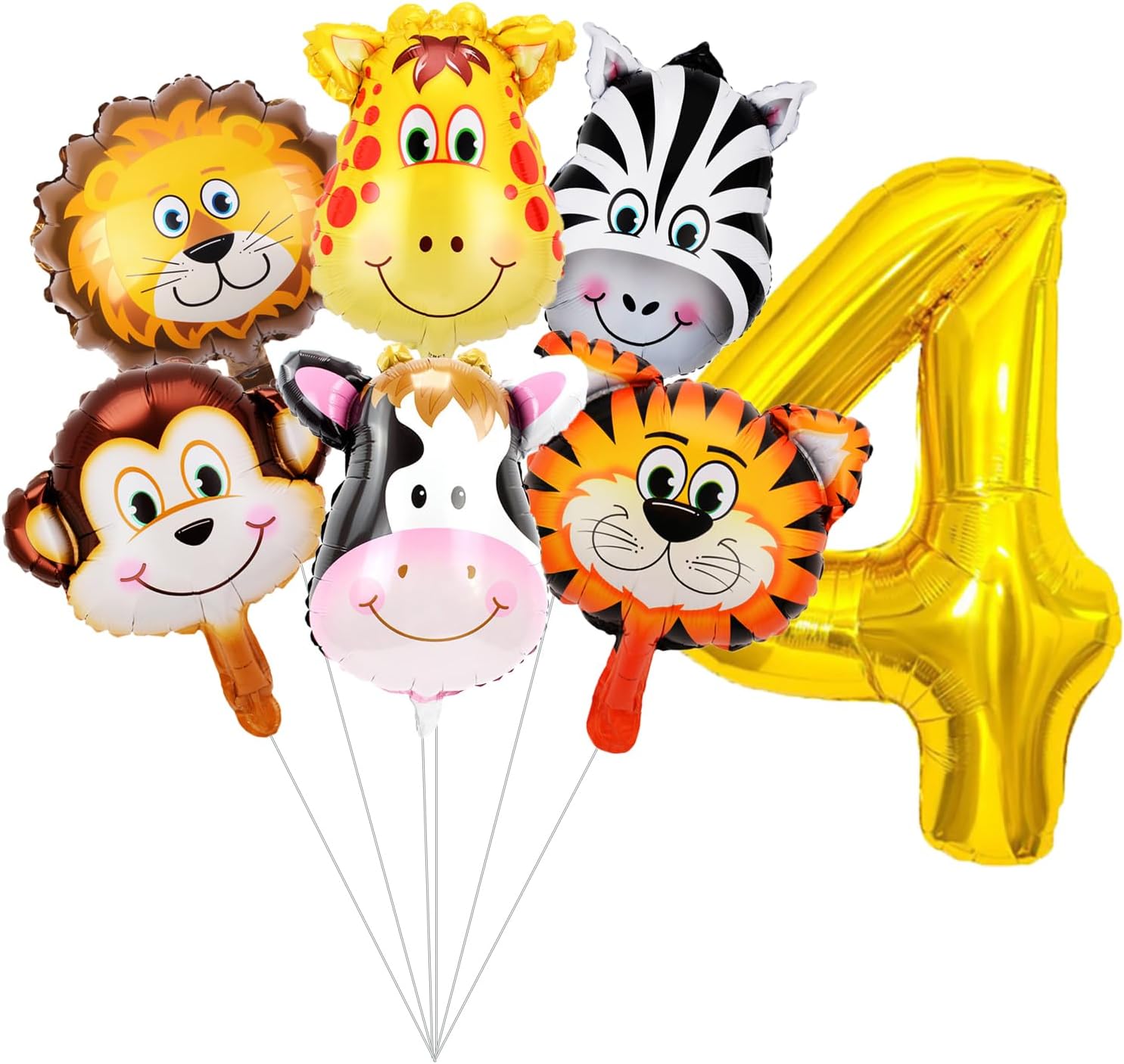 Jungle Safari Animals Balloons,32 Inch Gold Number 4 Balloon and 6 Mini Animal Balloons for Boy Kids' Safari Jungle Baby Shower Wild Birthday Zoo Party Decorations
