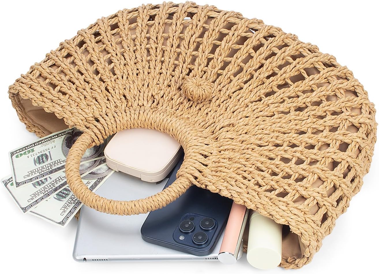 YYW Straw Bags for Women,Hand-woven Straw Top-handle Bag with Round Ring Handle Summer Beach Rattan Tote Handbag - Image 2