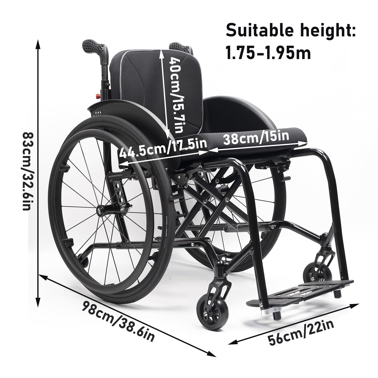 Silla De Ruedas Deportiva Ligera Plegable Todo Terreno,Ultraligera de Aleación de Aluminio，sillas De Ruedas Manuales Autopropulsadas,Desbloqueo Rápido,Transporte Fácil(Seat width 38cm/15in)