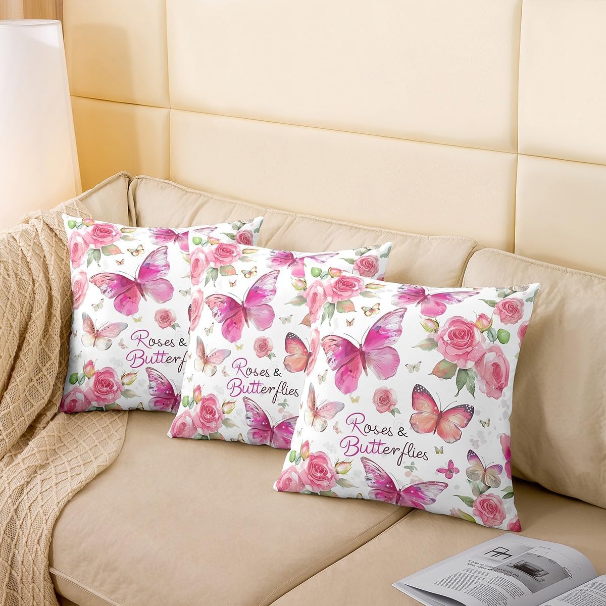 Feelyou Pink Butterfly Throw Pillow Covers 24"x24" 1Pcs for Sofa Couch Bed Chair Car Butterflies Print Decorative Pillow Case Groovy Flower Cushion Case Girl Butterfly Floral Outdoor Pillows Covers