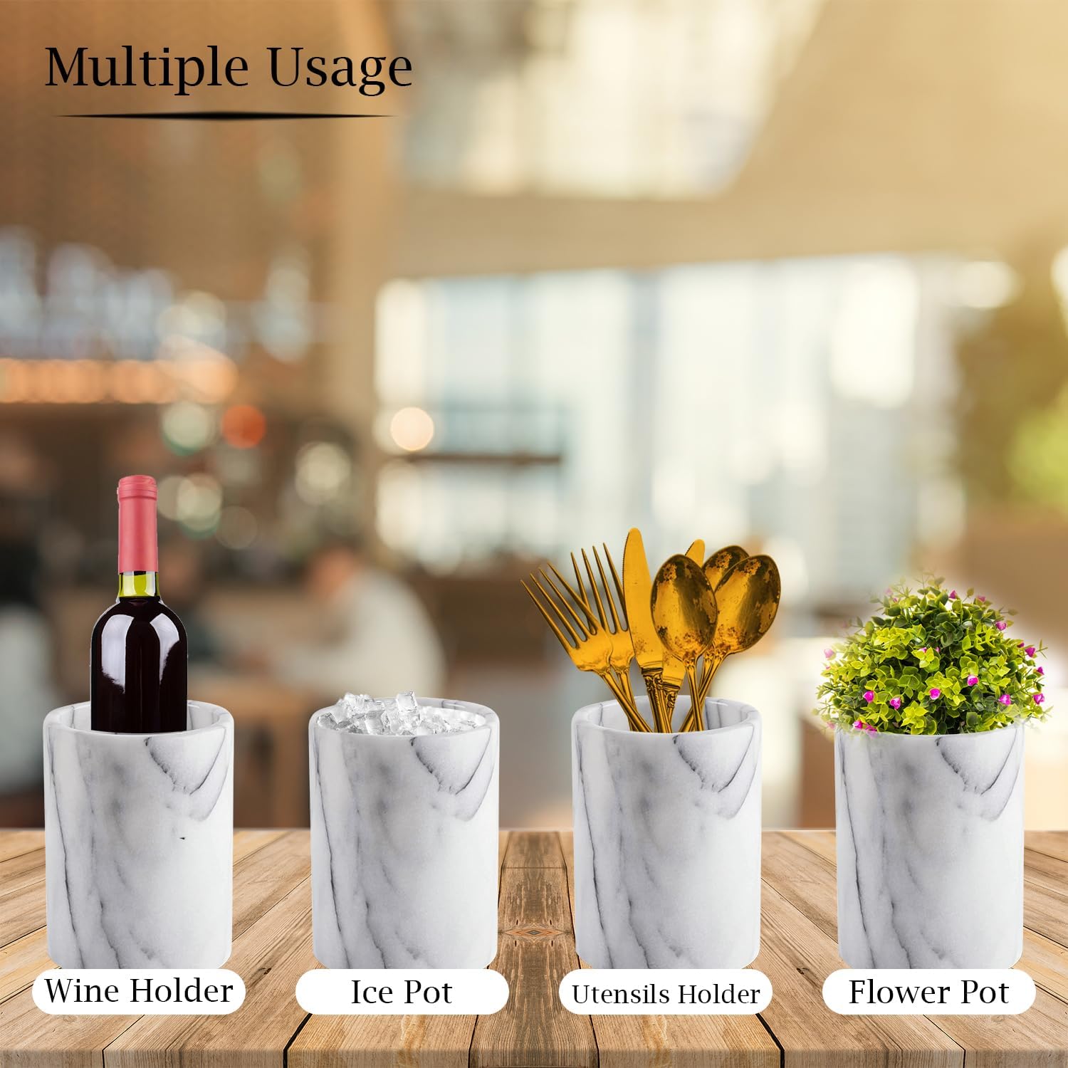 Cloudy White Marble Champagne & Wine Cooler Bucket with Polished Interior – Non-Slip Scratch-Proof Pad, Marble Utensil Holder for Kitchen, Bar & Housewarming Gifts (Unique Natural Stone) - Image 5