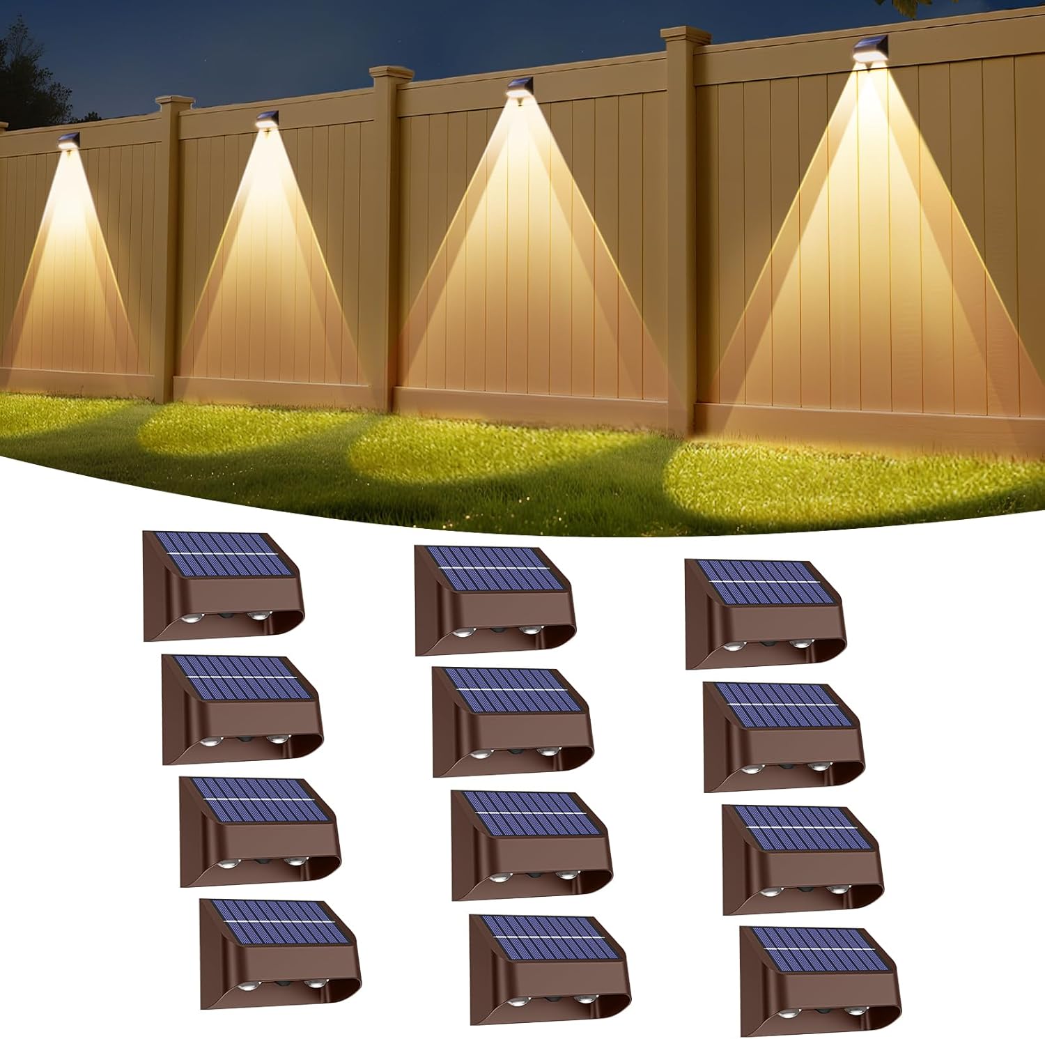 Long Lasting Solar Fence Lights Outdoor,3000/4000/6000K,Deck Lights Waterproof,Perfect for Winter and Rainy Days,Dusk to Dawn High Brightness Solar Lighting for Wall,Step,Yard,Patio,Backyard(12 Pack)