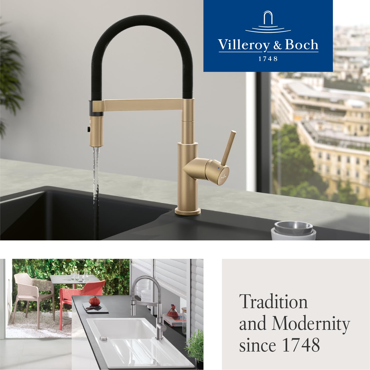 Villeroy & Boch Steel Expert Compact bateria kuchenna wysokociśnieniowa bateria kuchenna z funkcją odwracania i obrotową wylewką, bateria zlewozmywakowa, wysokość wylewki 143 mm, złoto-czarna