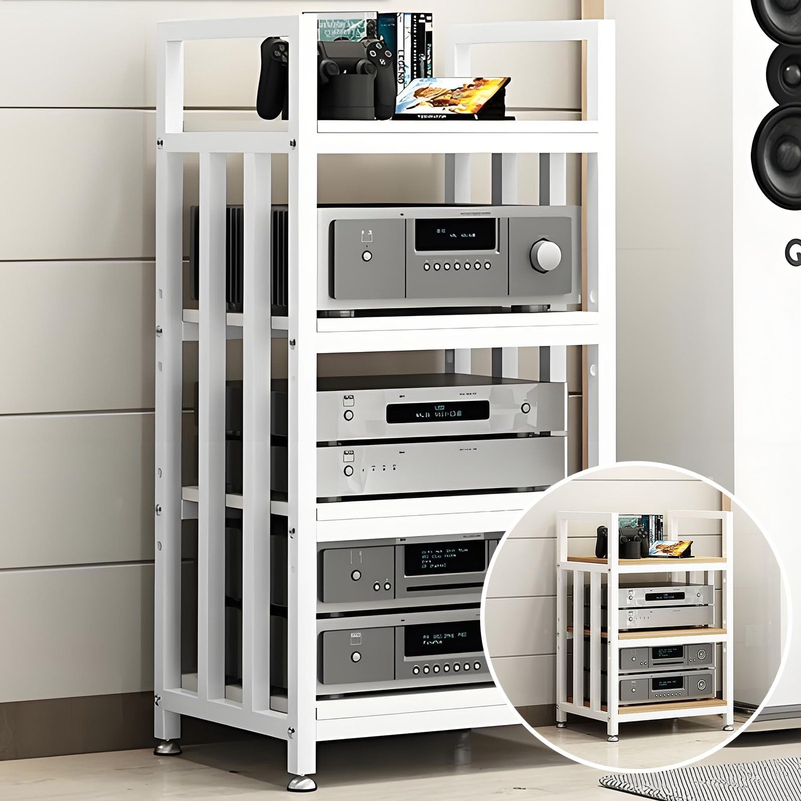 Wielofunkcyjny stojak na multimedia AV, do odtwarzacza CD i stereo, regulowany stojak audio z antypoślizgowymi nóżkami, stereo, w kształcie wieży, do domowej rozrywki, biały