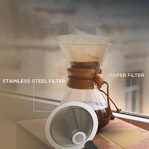 Miniatura 6 de Cafetera de vertido, 8 tazas, 34 onzas, filtro de acero inoxidable de doble capa, cafetera de goteo para verter sobre vidrio resistente al calor,