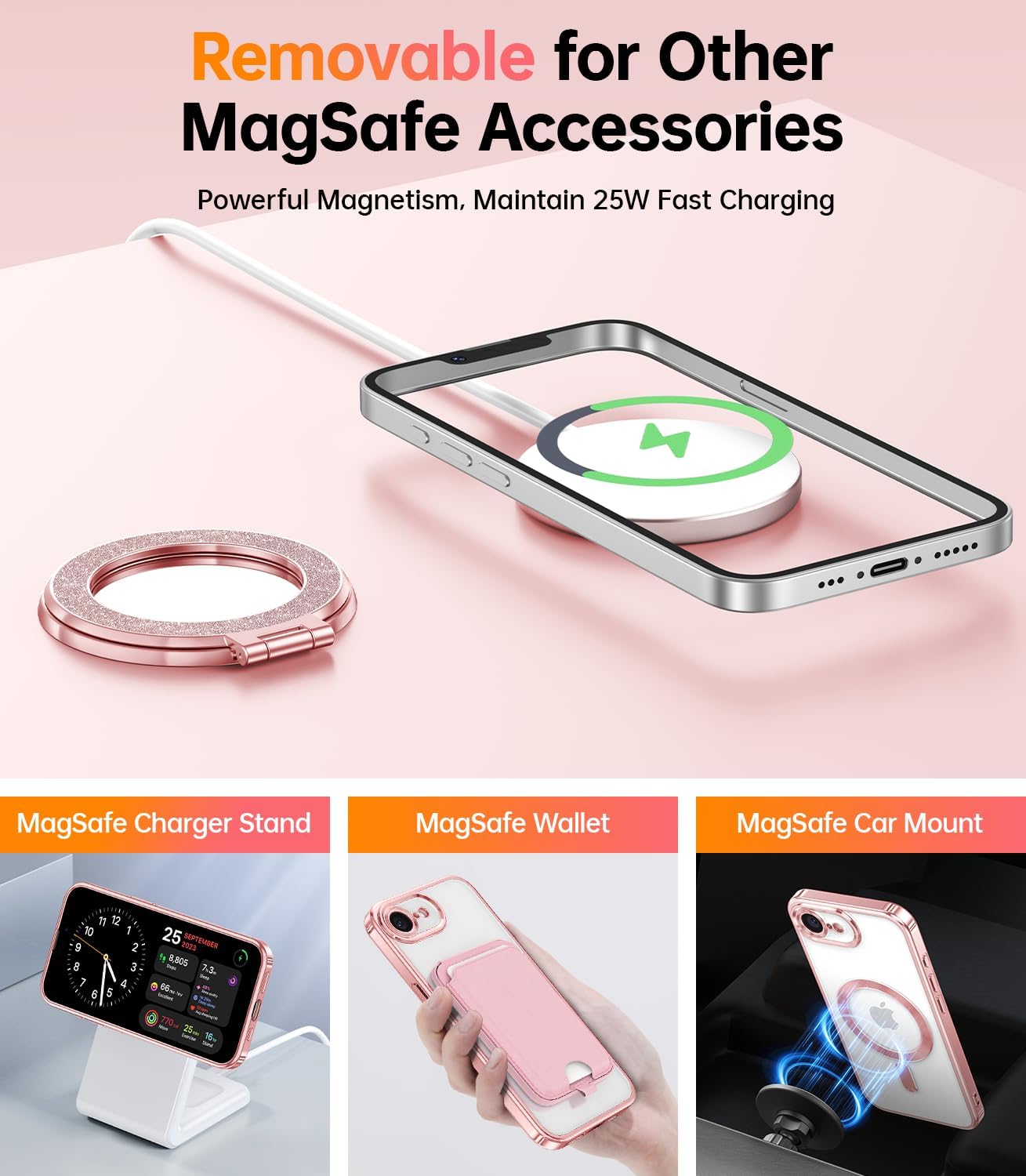 Meifgino Magnetic Case with Removable Phone Ring Stand for iPhone 16E 6.1’’, [Glitter Card & Wrist Strap] [MagSafe Compatible] [Built in Mirror] Phone Ring Stand + Phone Case Kit, Rose Gold