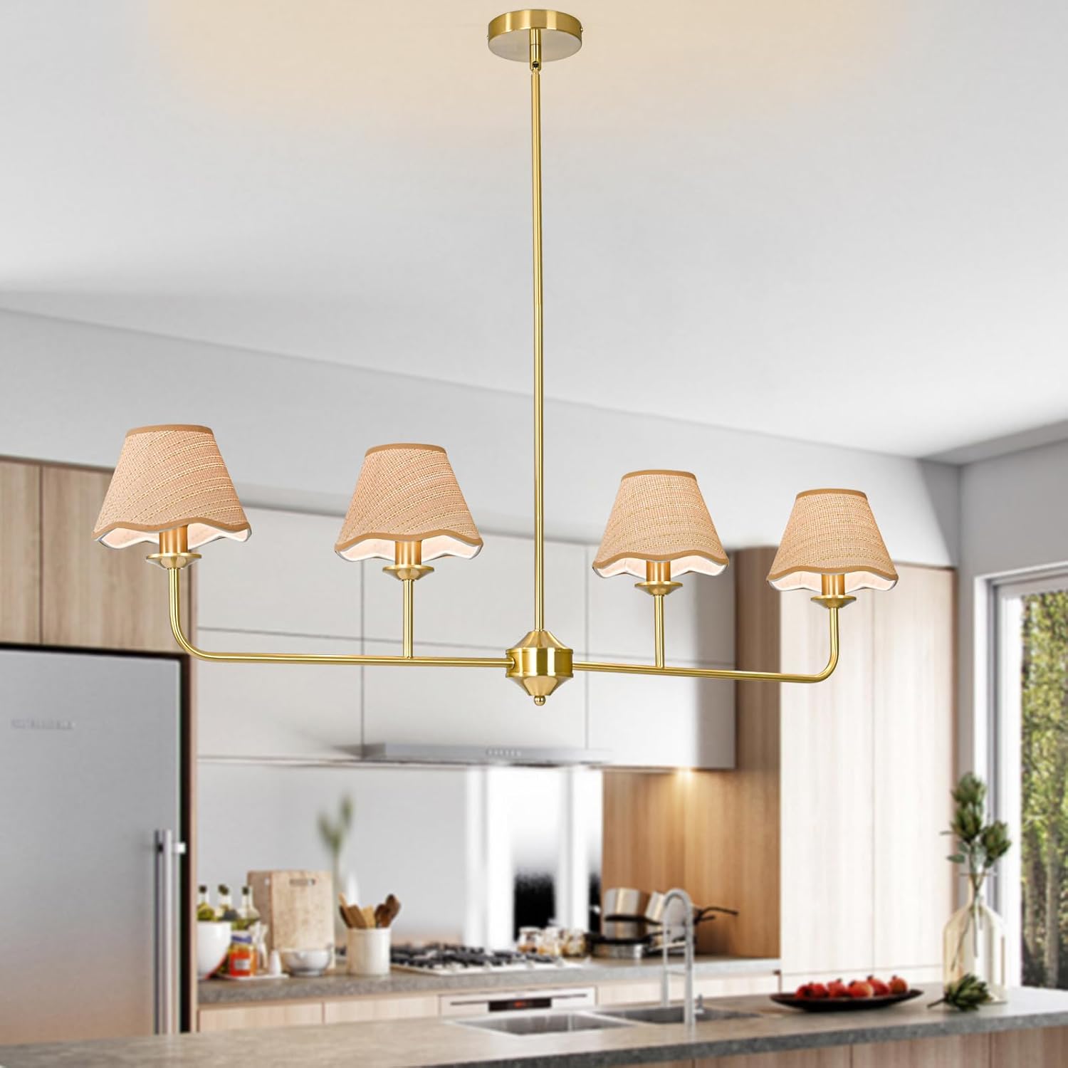 Boho Industrial 4-Light Kitchen Island Light, Gold Linear Hanging Chandelier with Boho Rattan Shades, Rustic Island Light Fixture for Dining Room