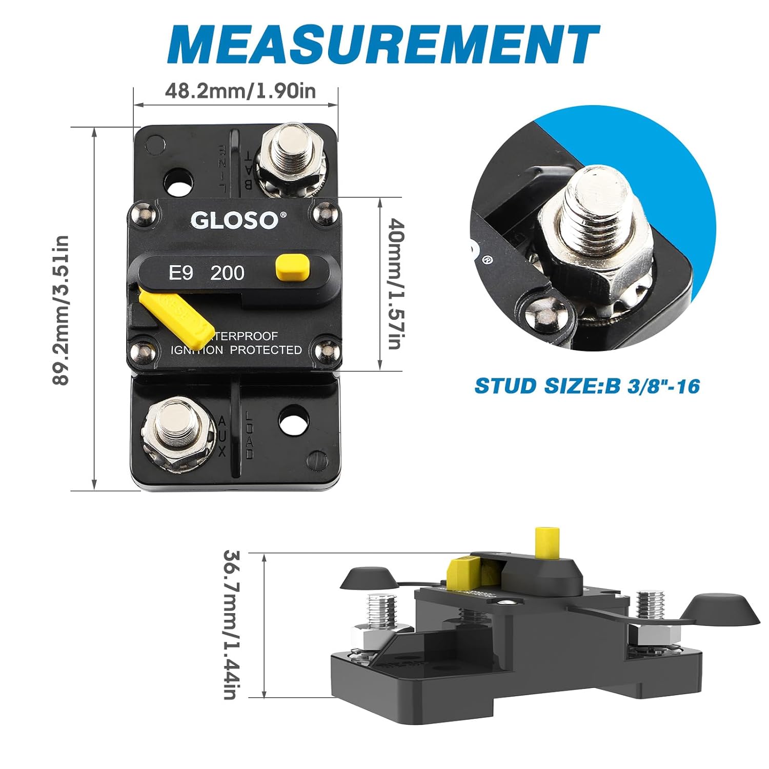 GLOSO Circuit Breaker E93 Breaker Extended Surface Mount 3/8" Diagonal Stud Waterproof IP67 Marine RV Truck Hi-Amp (175A)