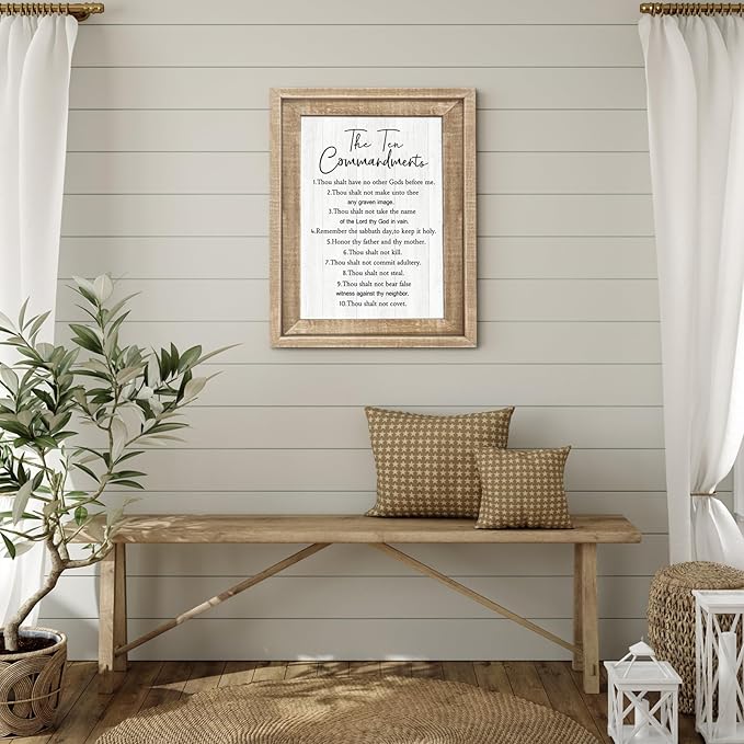 Framed The Ten Commandments Wall Art Decor Bible 10 Commandments Wooden Hanging Sign Decoration for Modern Home Living Room Bedroom Office 16"x11"