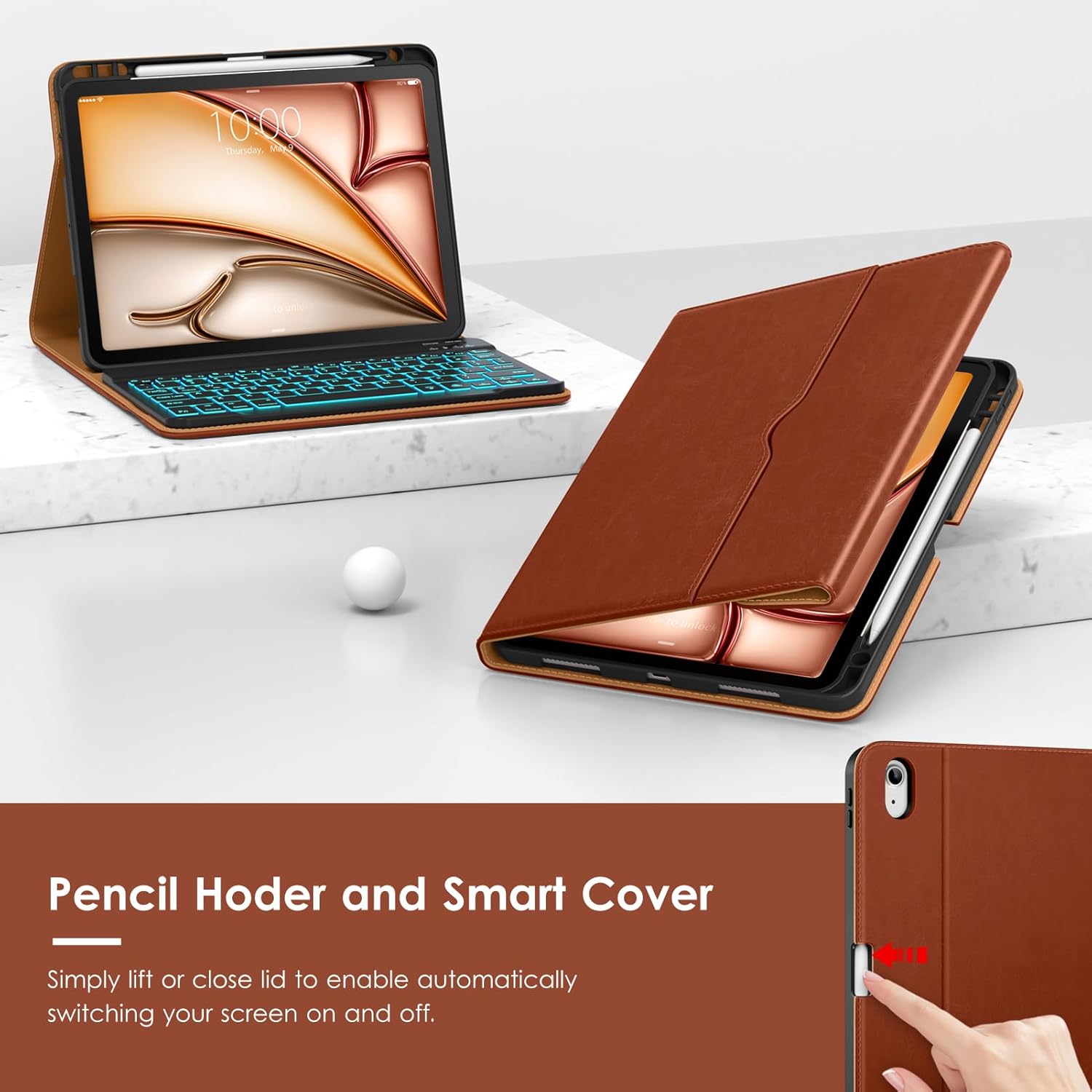 VIKESI Keyboard Leather Case for iPad Air 11-inch with M4/M3/M2 2026/2025/2024 and for Air 5th/4th Gen 10.9 Inch 2022/2020,Built-in Breathing Light, Function Row,Pencil Holder,Card Slots,Brown