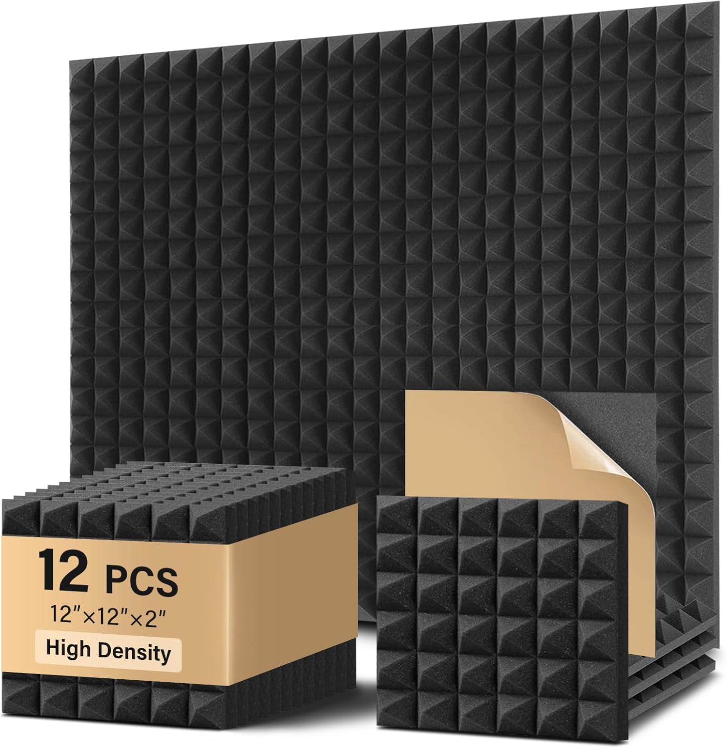 Pyramid Sound Proof Foam Panels 12 Pack, Bwaliffury High Density Self-Adhesive Sound Absorbing, 12" X 12" X 2" Fire Resistant Acoustic Foam Panels, Sound Panels, Studio Foam for Wall, Ceiling (Black)