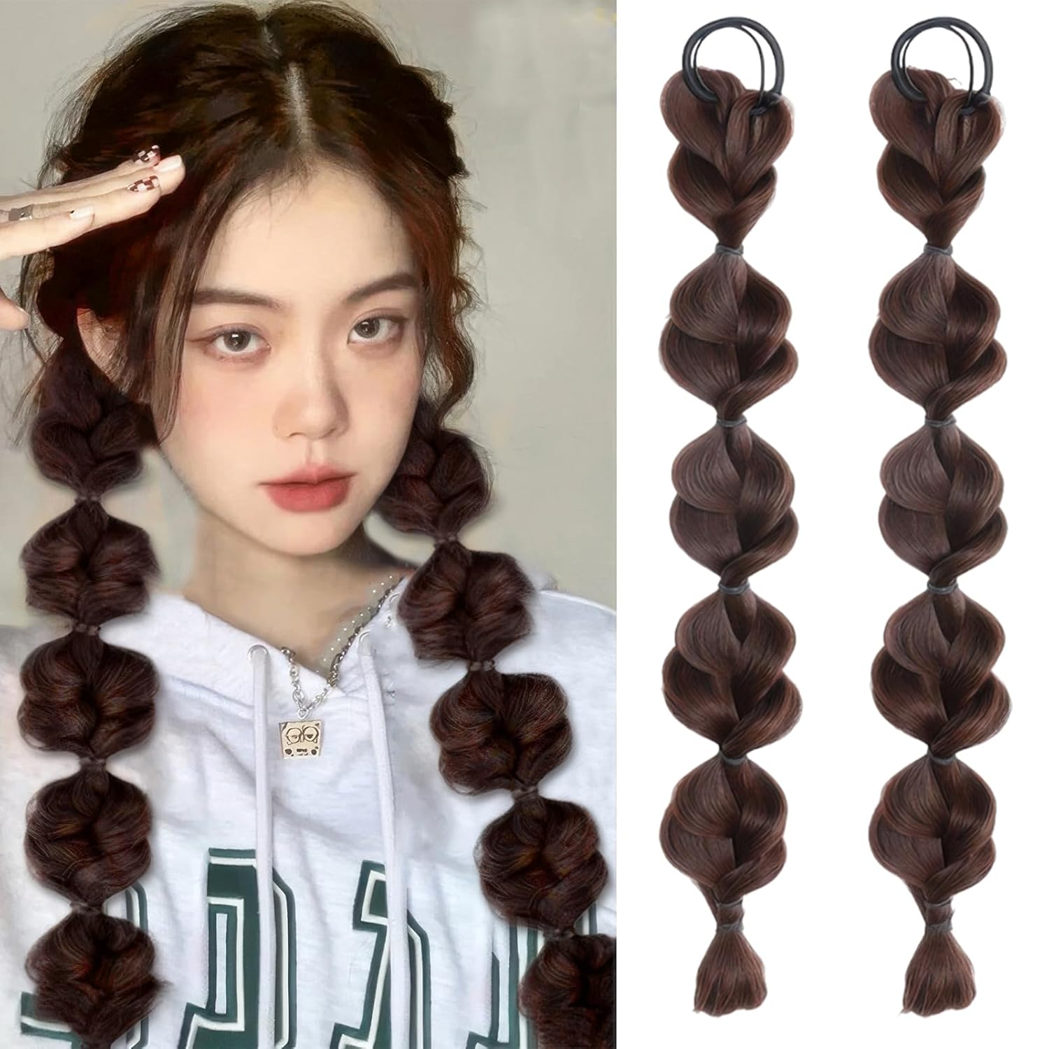 2 Pcs Bubble Ponytail Wig Synthetic Braided Hair Extensions with Hair Ties Hair Band Wrap Around Pony Tail Hairpieces for Women Girls Daily Wear Hair Accessories (Dark Brown)