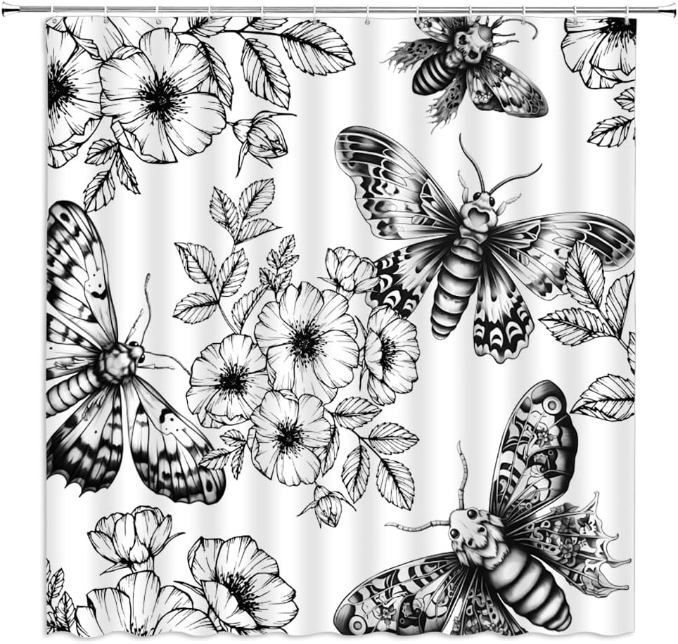 Gothic Moth Shower Curtain Skull Vintage Scary Black Flower Botany Leaves Mysterious Butterfly Art Bathroom Decor Fabric Curtains with Hook 80Wx70H Inches