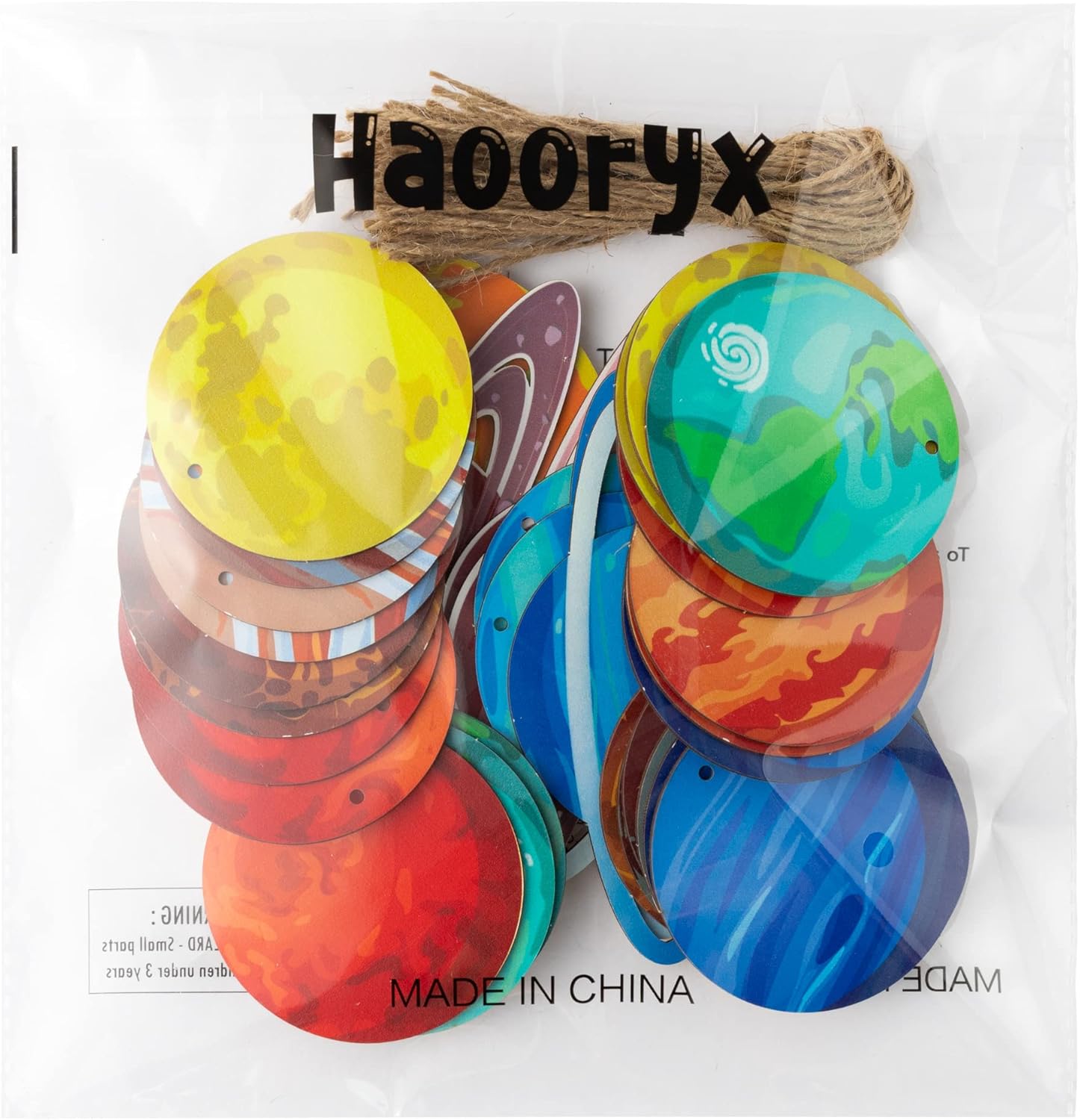 Haooryx 34PCS Outer Space Wood Hanging Ornaments Solar System Themed Ornament Earth Saturn Jupiter Wooden Slice Pendants for Outer Space Theme Birthday Party Holiday Home Christmas Tree Decorations - Image 8