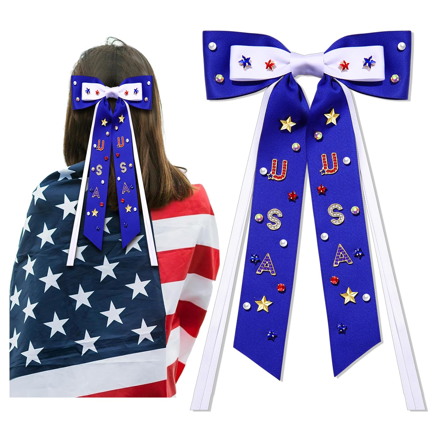 4th of July Hair Bows for Women Silky Satin Red White and Blue Hair Bows American Flag Star Patriotic Hair Ribbon Bow Clips USA Fourth Of July Hair