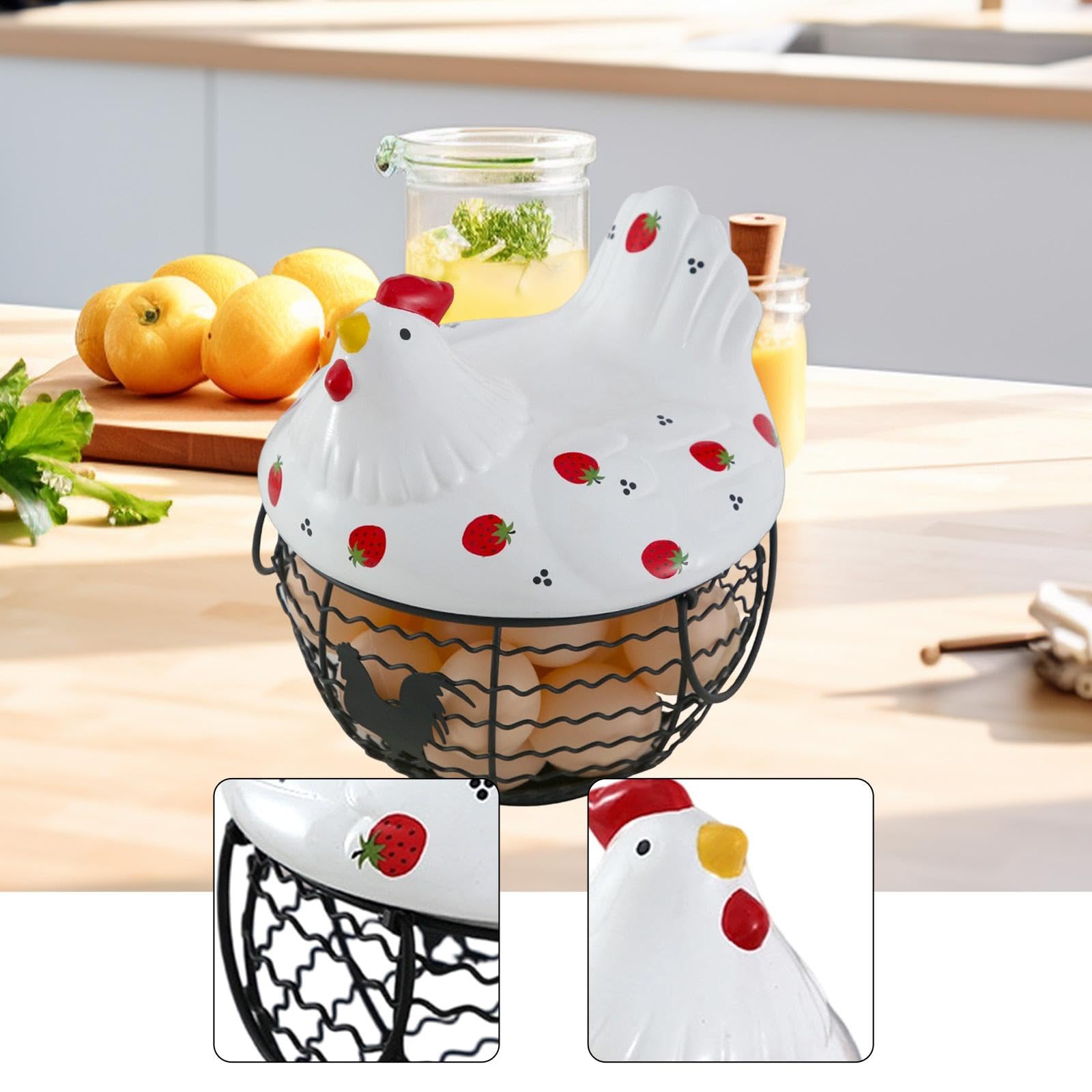 Cesta de Huevos Recolector Alambre Frutas Recipiente Cerámica Hierro Diseño Creativo Tapa Decorativa Adecuado para Almacenaje Hogar, Style a, Individual
