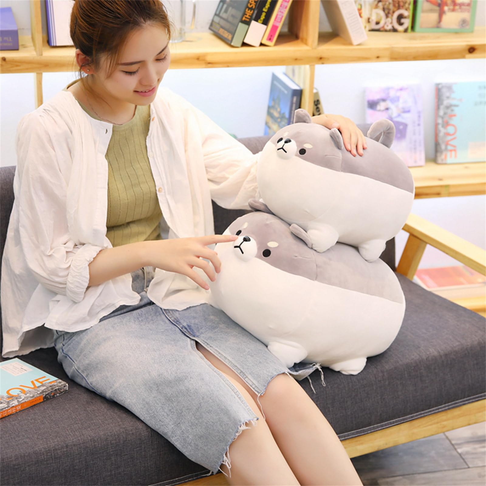 Plüschtiere, Shiba Inu Kissen Plüsch, Plüschkissen, molliges Tierspielzeug, süßes bequemes Puppenkissen, Hundekörperkissen(Black,40CM)