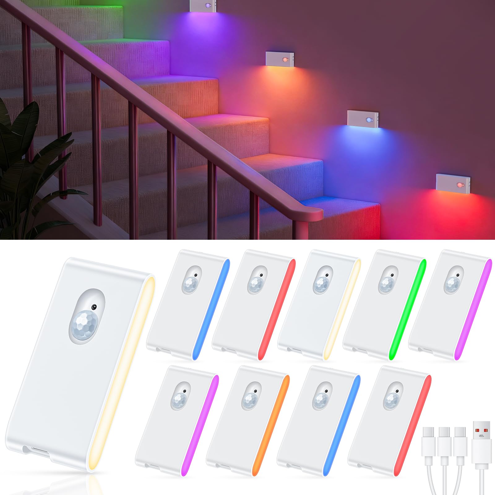 WILLED 10 Stück Treppenlicht mit Bewegungsmelder, LED Nachtlicht mit 2700K Warmweiß und 5 RGB Farben, Bewegungsmelder Innen für Treppe, Schlafzimmer, Flur, Küche, Badezimmer.