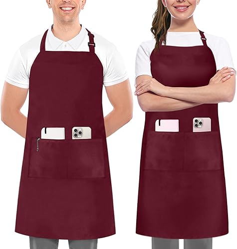 Utopia Kitchen Paquete de 2 delantales con peto, ajustables con 2 bolsillos, resistente al agua y al aceite, delantal de chef de cocina para mujeres