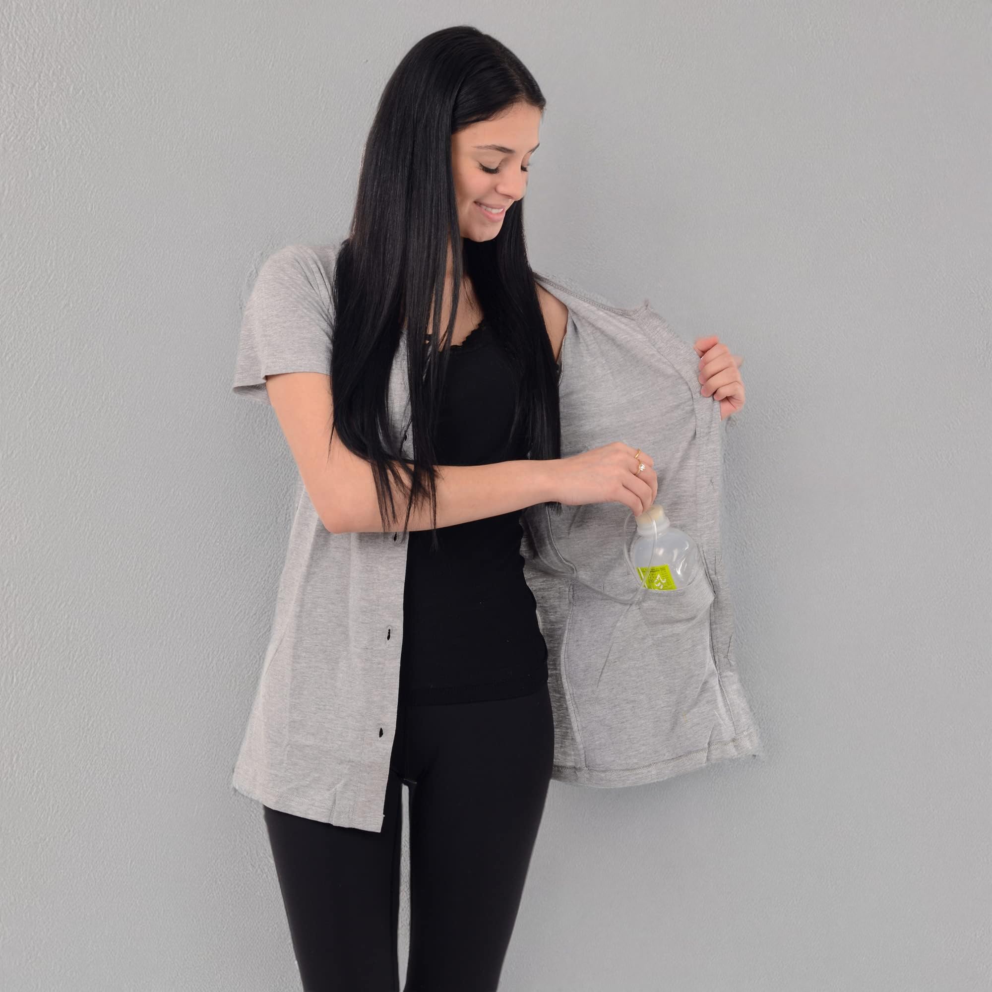USBD Camisa de cuello redondo con bolsillos de drenaje, cómoda recuperación de mastectomía, soporte postoperatorio para mujer